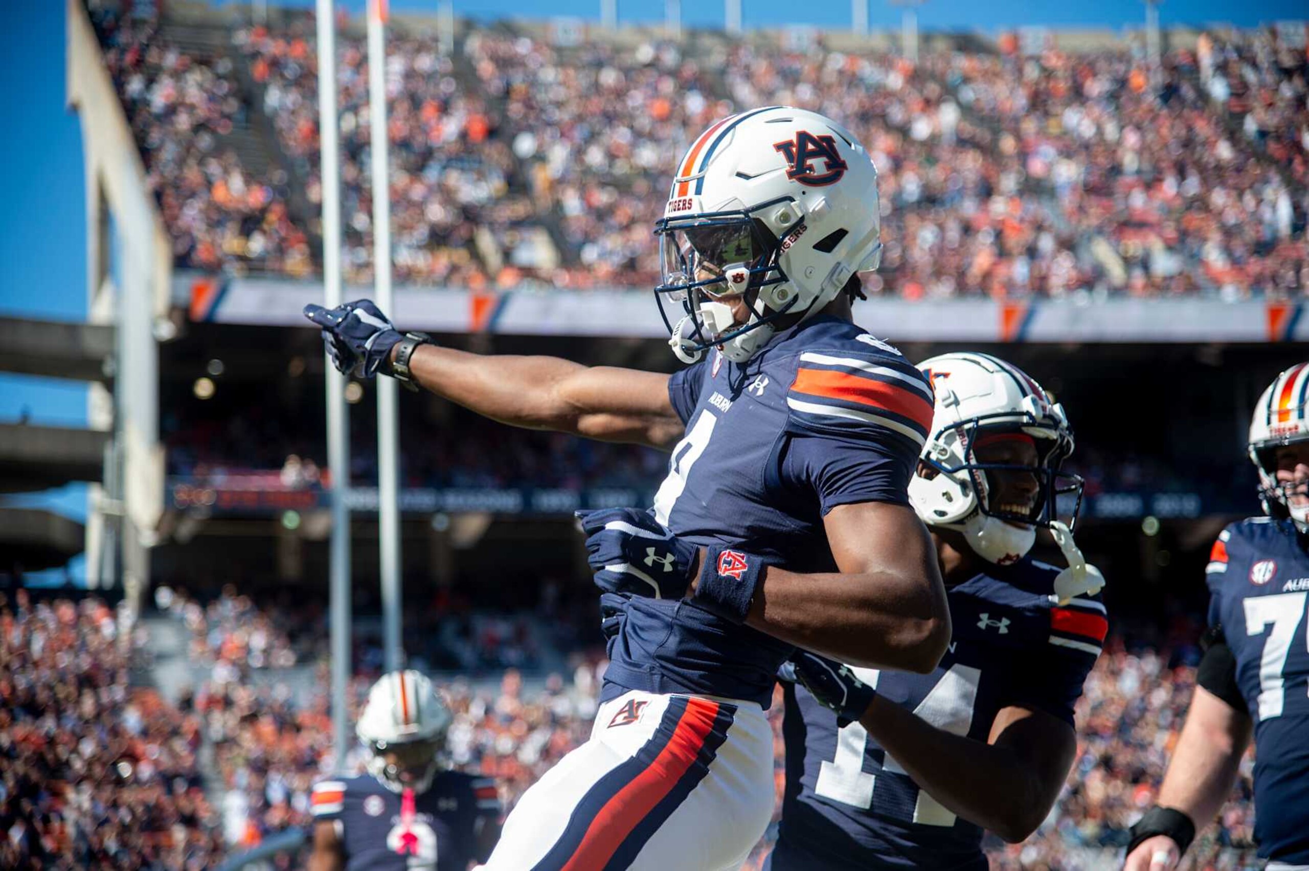 AUBURN, ALABAMA - NOVEMBER 16: Wide receiver Cam Coleman #8 of the Auburn Tigers celebrates after scoring a touchdown during the first half of their game against the Louisiana Monroe Warhawks at Jordan-Hare Stadium on November 16, 2024 in Auburn, Alabama. (Photo by Michael Chang/Getty Images)