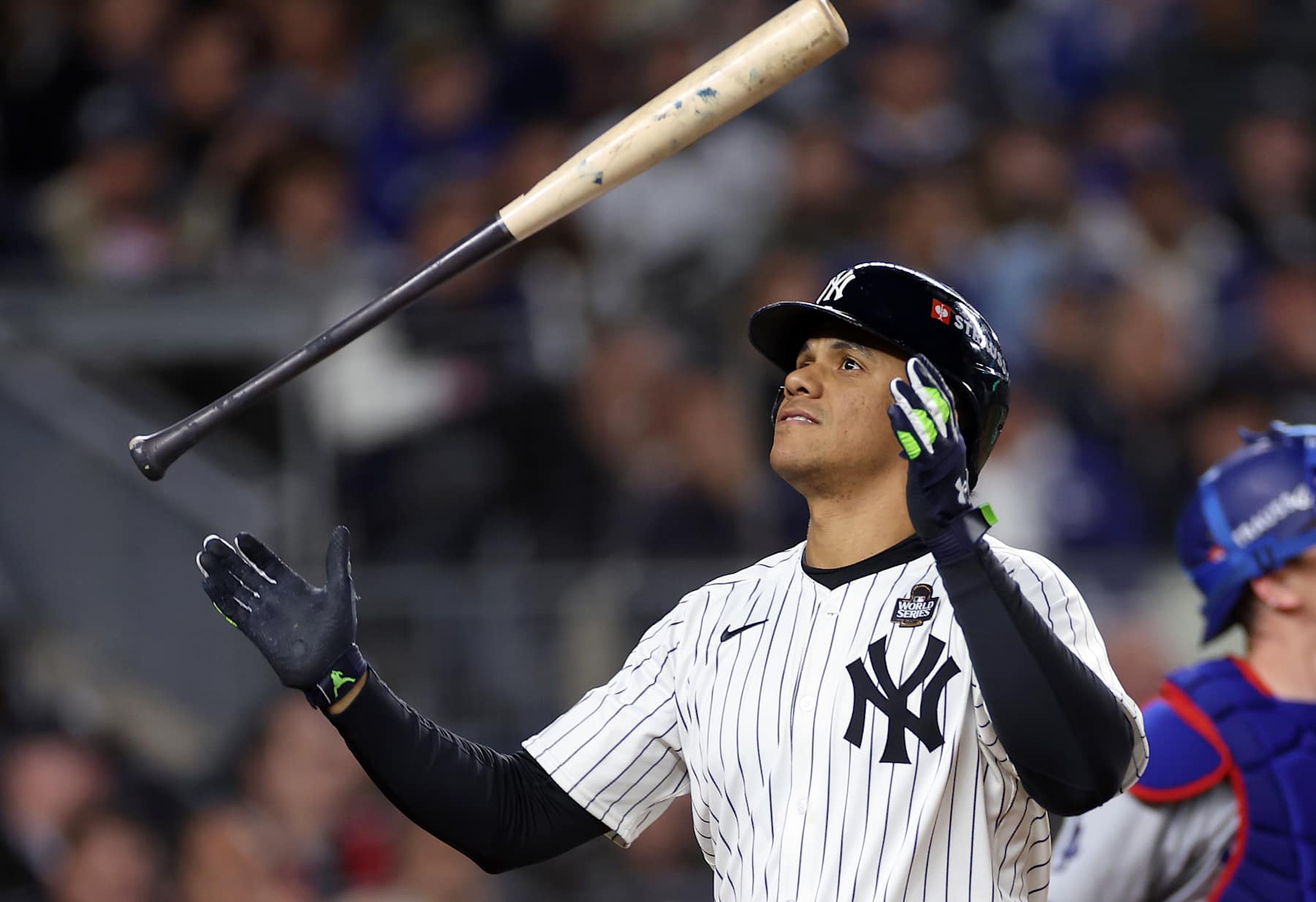 NEW YORK, NEW YORK - OCTOBER 29: Juan Soto #22 of the New York Yankees reacts after striking out during the third inning of Game Four of the 2024 World Series against the Los Angeles Dodgers at Yankee Stadium on October 29, 2024 in the Bronx borough of New York City. (Photo by Sarah Stier/Getty Images)