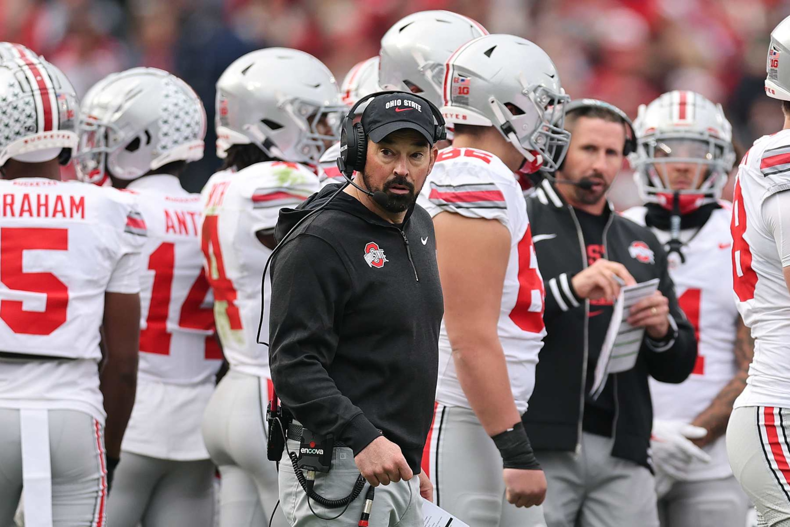 CHICAGO, ILLINOIS - NOVEMBER 16: Head coach Ryan Day of the Ohio State Buckeyes looks on against the Northwestern Wildcats during the first half at Wrigley Field on November 16, 2024 in Chicago, Illinois. (Photo by Michael Reaves/Getty Images)