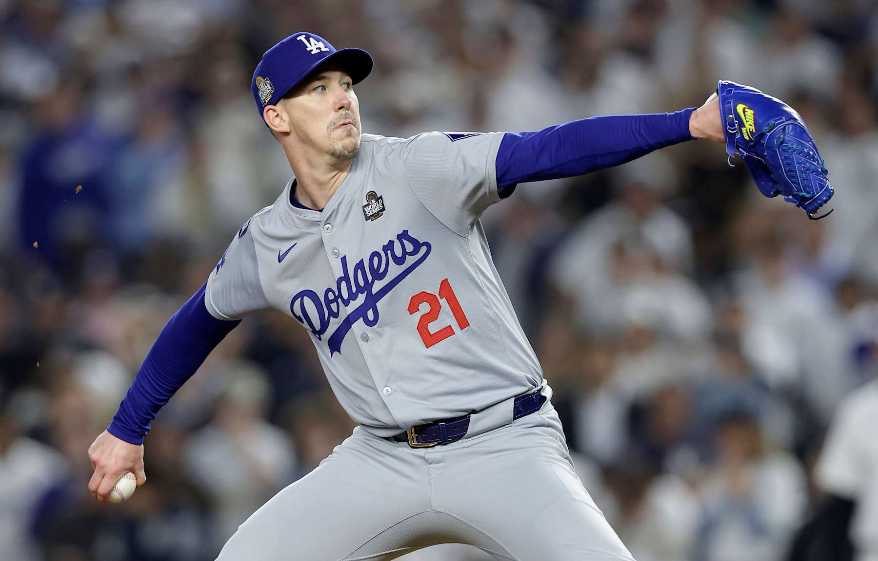 NEW YORK, NEW YORK - OCTOBER 30: (NEW YORK DAILIES OUT)  Walker Buehler #21 of the Los Angeles Dodgers in action against the New York Yankees during Game Five of the 2024 World Series at Yankee Stadium on October 30, 2024 in New York City. The Dodgers defeated the Yankees 7-6. (Photo by Jim McIsaac/Getty Images)