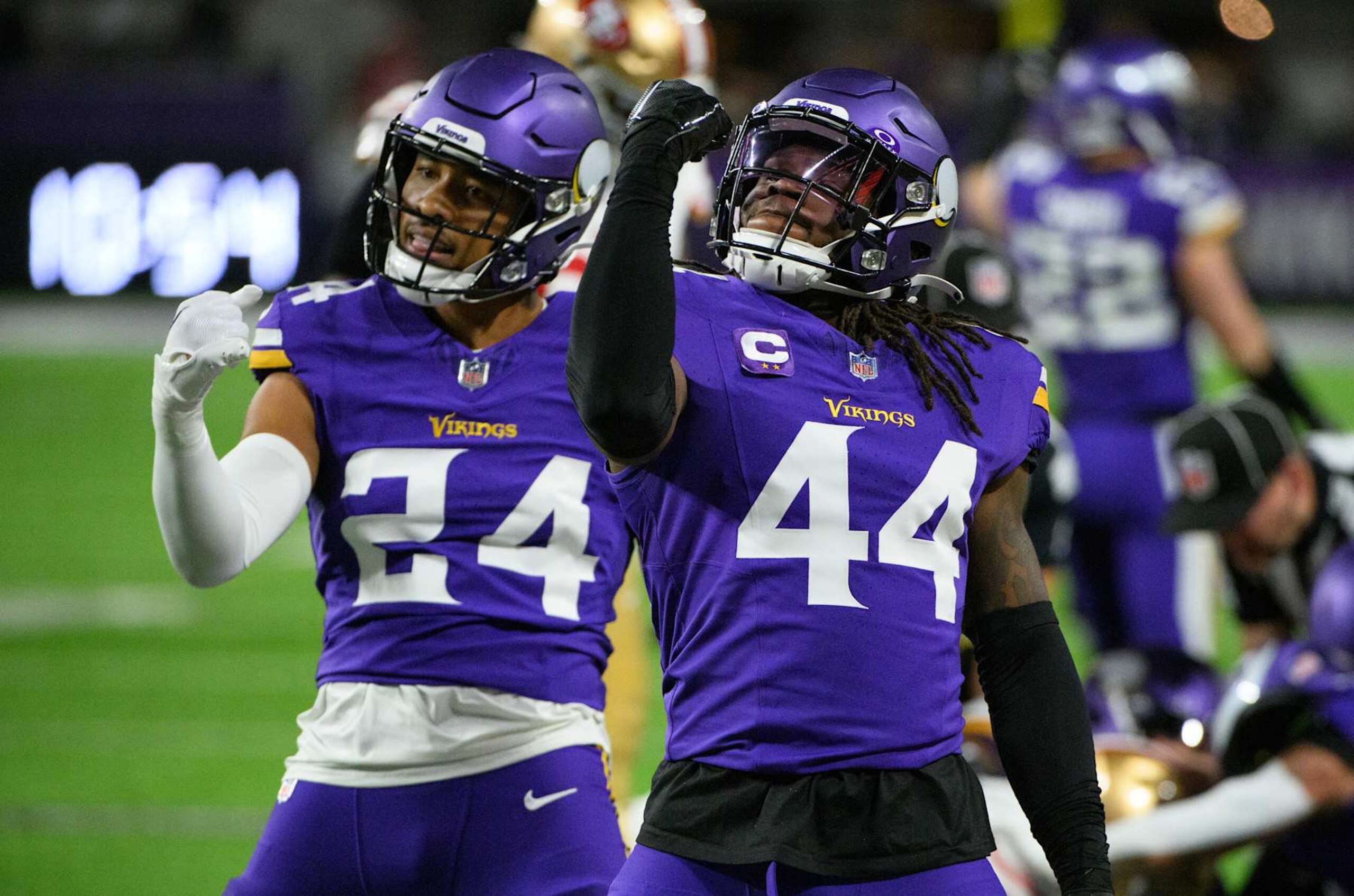 MINNEAPOLIS, MINNESOTA - OCTOBER 23: Camryn Bynum #24 of the Minnesota Vikings and Josh Metellus #44 celebrate after a turnover in the first quarter of the game against the San Francisco 49ers at U.S. Bank Stadium on October 23, 2023 in Minneapolis, Minnesota. (Photo by Stephen Maturen/Getty Images)
