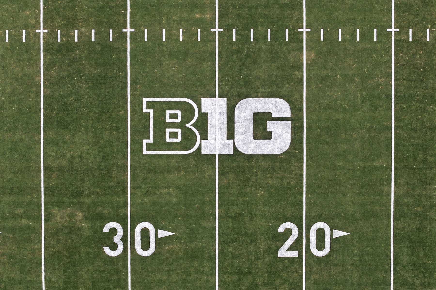 LOS ANGELES, CALIFORNIA - OCTOMBER 24: The Big Ten Conference logo on the football field at the Los Angeles Memorial Coliseum on October 24, 2024 in Los Angeles, California. (Photo by Kirby Lee/Getty Images)