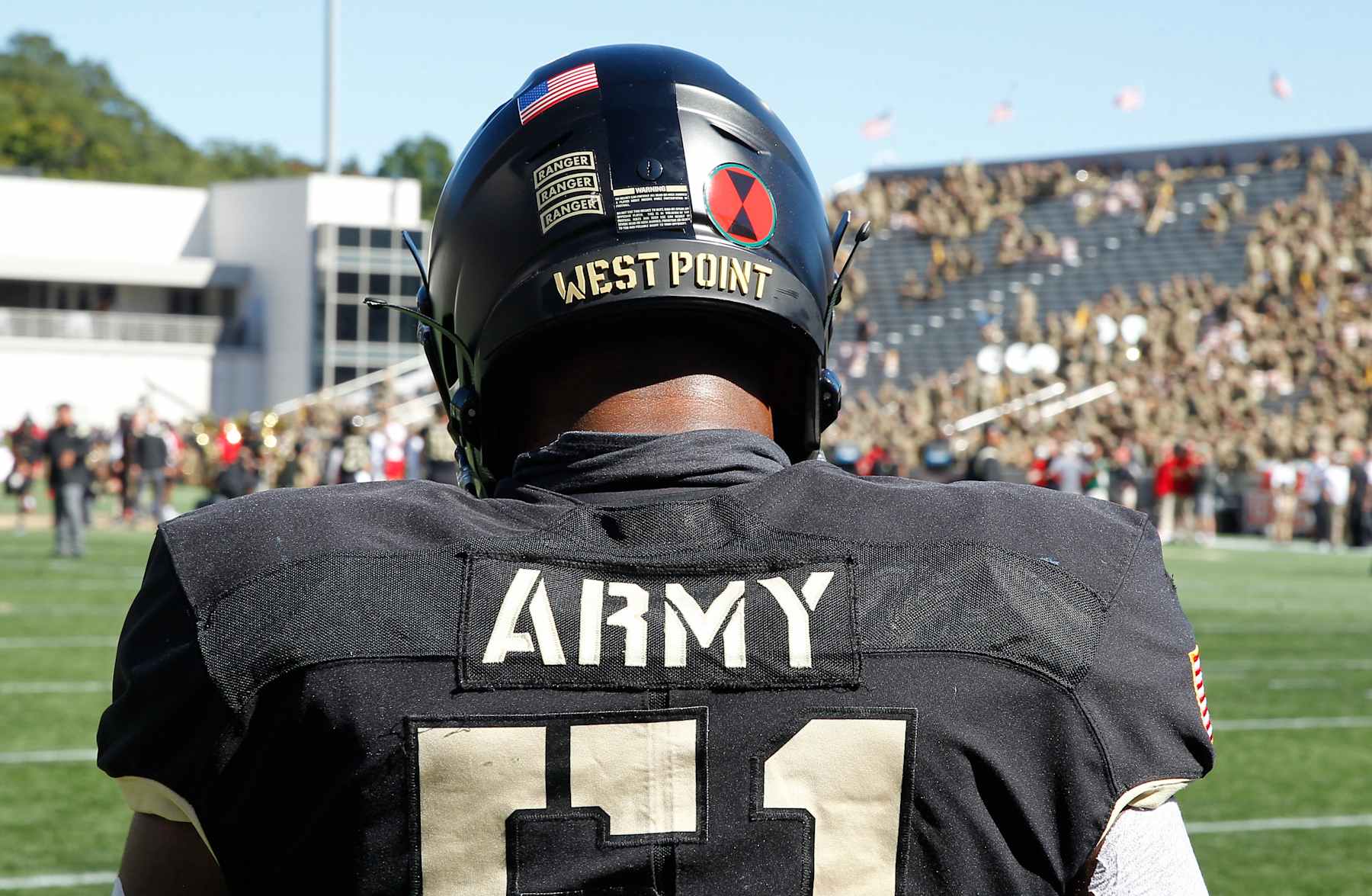 WEST POINT, NY - SEPTEMBER 25: Army football players will wear the 7th Infantry Division stickers on their helmets during the game against the Miami (Oh) Redhawks at Michie Stadium on September 25, 2021 in West Point, New York. (Photo by Edward Diller/Getty Images)