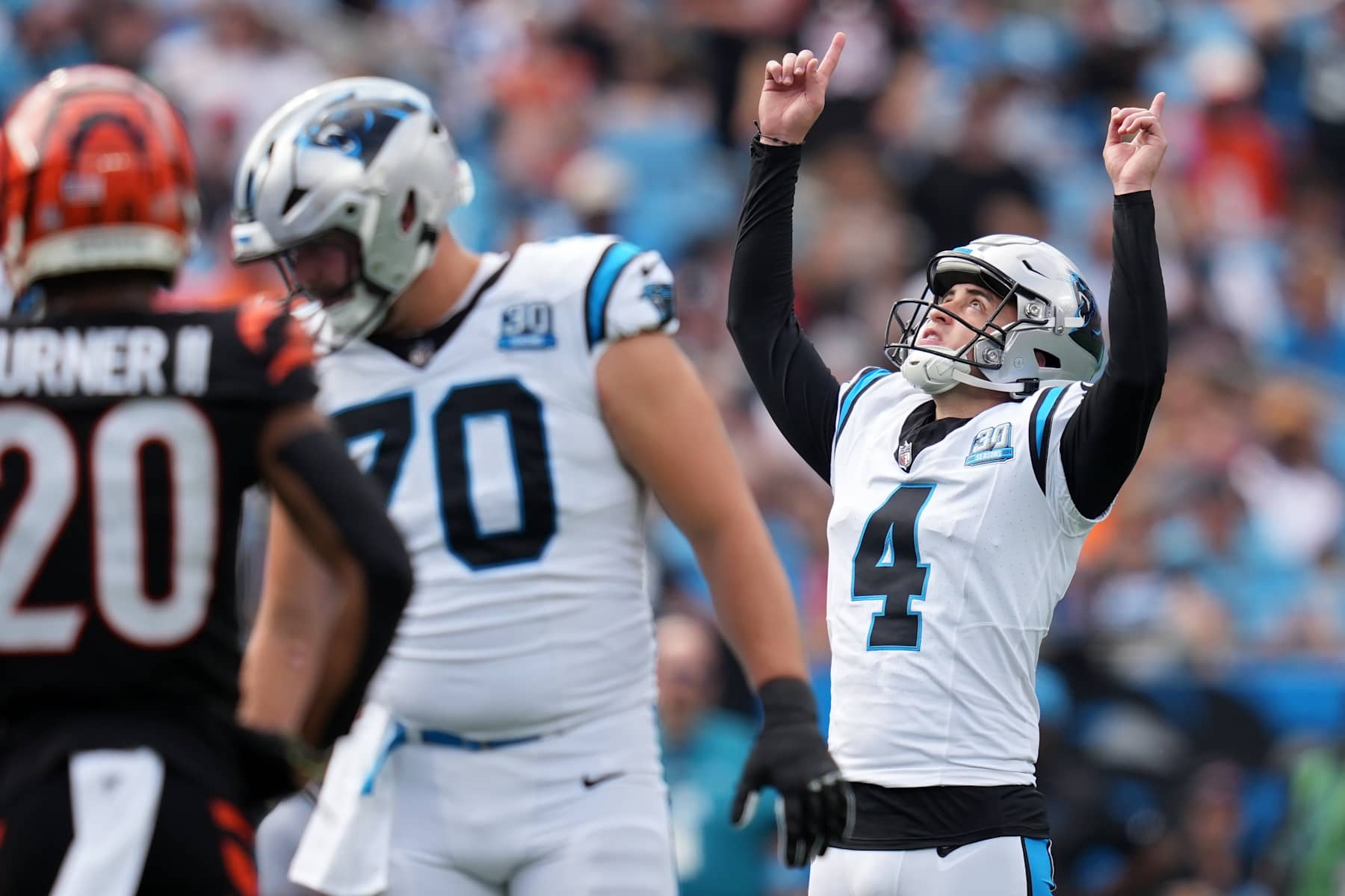 CHARLOTTE, NORTH CAROLINA - SEPTEMBER 29: Eddy Pineiro #4 of the Carolina Panthers lines up before a field goal attempt against the Cincinnati Bengals during the fourth quarter at Bank of America Stadium on September 29, 2024 in Charlotte, North Carolina. (Photo by Grant Halverson/Getty Images)