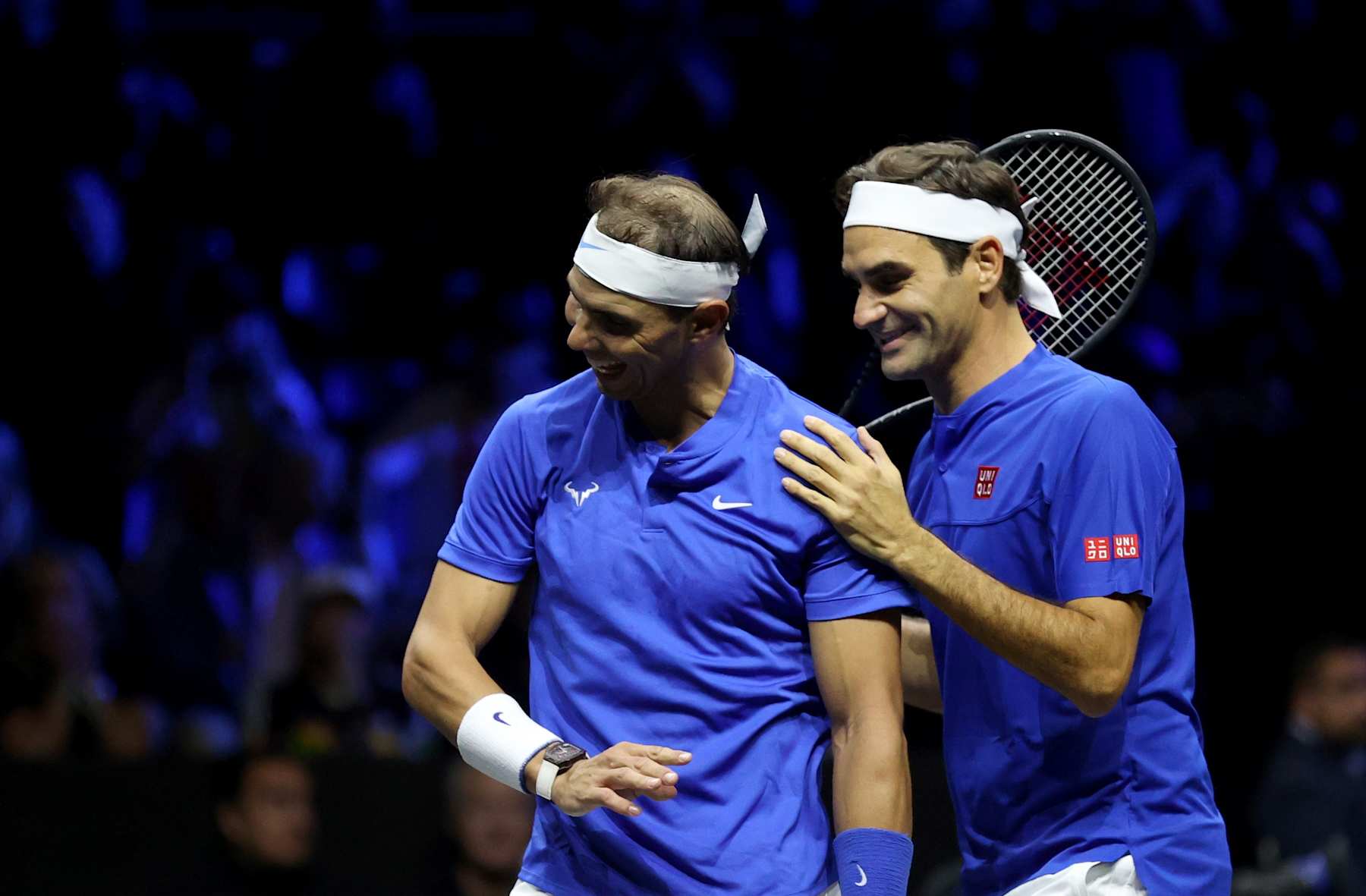 Swiss player Roger Federer R and Spanish player Rafael Nadal of Team Europe react during Roger Federer's last match after announcing his retirement at the Laver Cup in London, Britain, Sept. 24, 2022. (Photo by Li Ying/Xinhua via Getty Images)