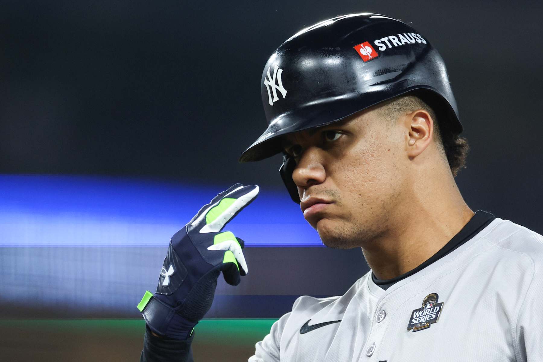 LOS ANGELES, CALIFORNIA - OCTOBER 26: Juan Soto #22 of the New York Yankees reacts to his single against the Los Angeles Dodgers in the ninth inning during Game Two of the 2024 World Series at Dodger Stadium on October 26, 2024 in Los Angeles, California. (Photo by Harry How/Getty Images)
