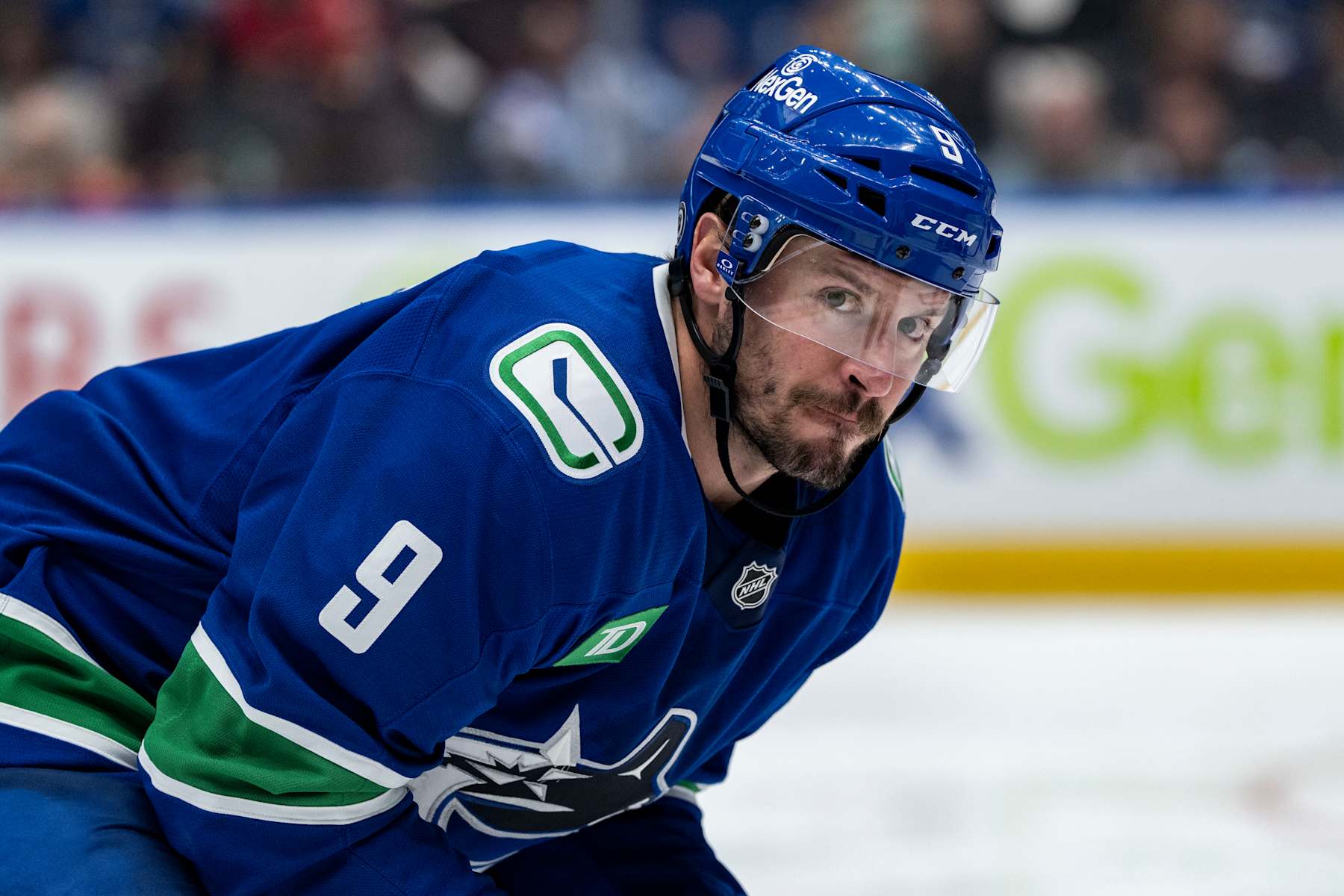 VANCOUVER, BC - NOVEMBER 12: Vancouver Canucks center J.T. Miller (9) waits for a face off during the third period of an NHL game between the Calgary Flames and the Vancouver Canucks on Tuesday, November 12, 2024 at Rogers Arena in Vancouver, B.C. (Photo by Ethan Cairns/Icon Sportswire via Getty Images)