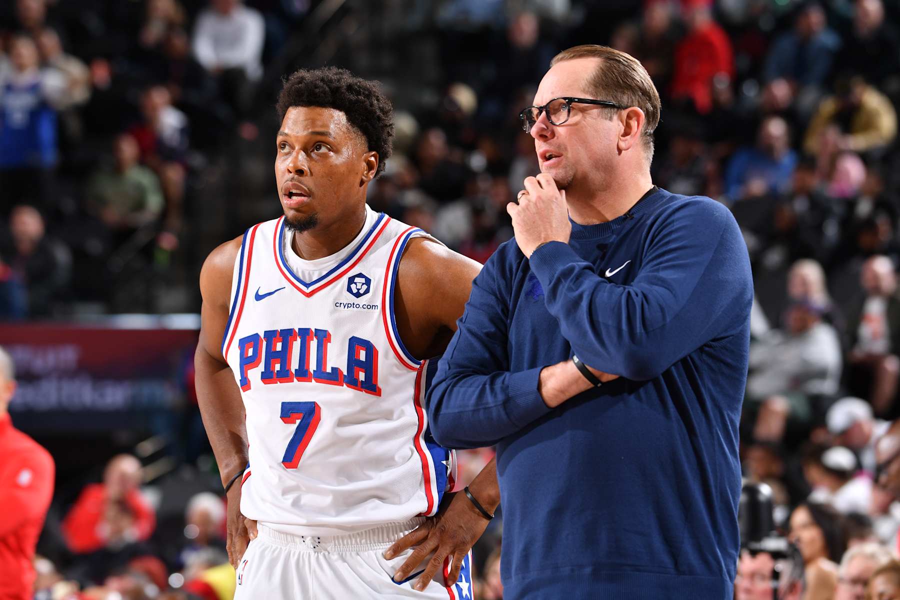 INGLEWOOD, CA - NOVEMBER 6: Kyle Lowry #7 and Head Coach Nick Nurse of the Philadelphia 76ers look on during the game against the LA Clippers on November 6, 2024 at Intuit Dome in Los Angeles, California. NOTE TO USER: User expressly acknowledges and agrees that, by downloading and/or using this Photograph, user is consenting to the terms and conditions of the Getty Images License Agreement. Mandatory Copyright Notice: Copyright 2024 NBAE (Photo by Juan Ocampo/NBAE via Getty Images)