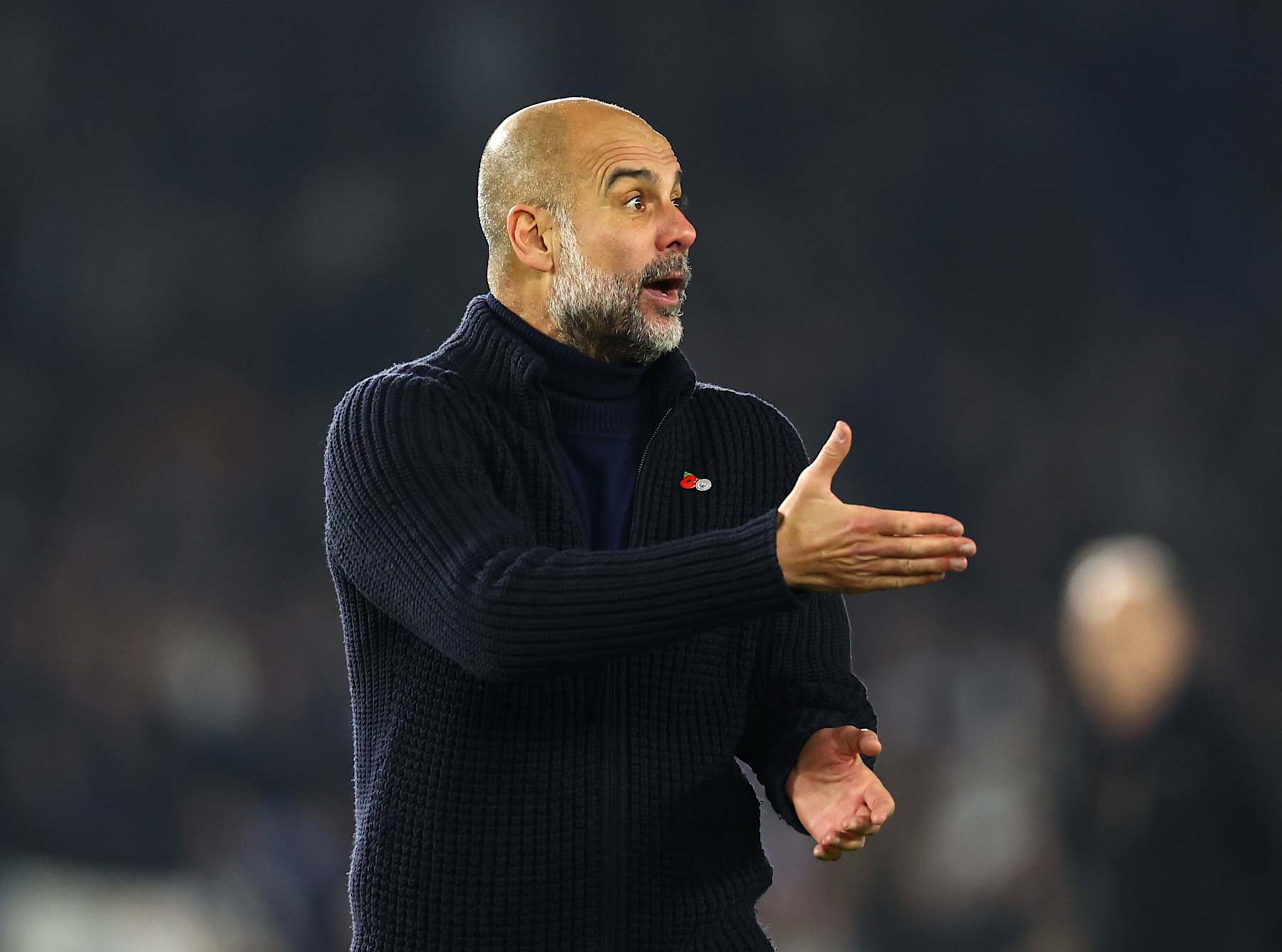 BRIGHTON, ENGLAND - NOVEMBER 09: Pep Guardiola, Manager of Manchester City, reacts following the Premier League match between Brighton & Hove Albion FC and Manchester City FC at Amex Stadium on November 09, 2024 in Brighton, England. (Photo by Bryn Lennon/Getty Images)
