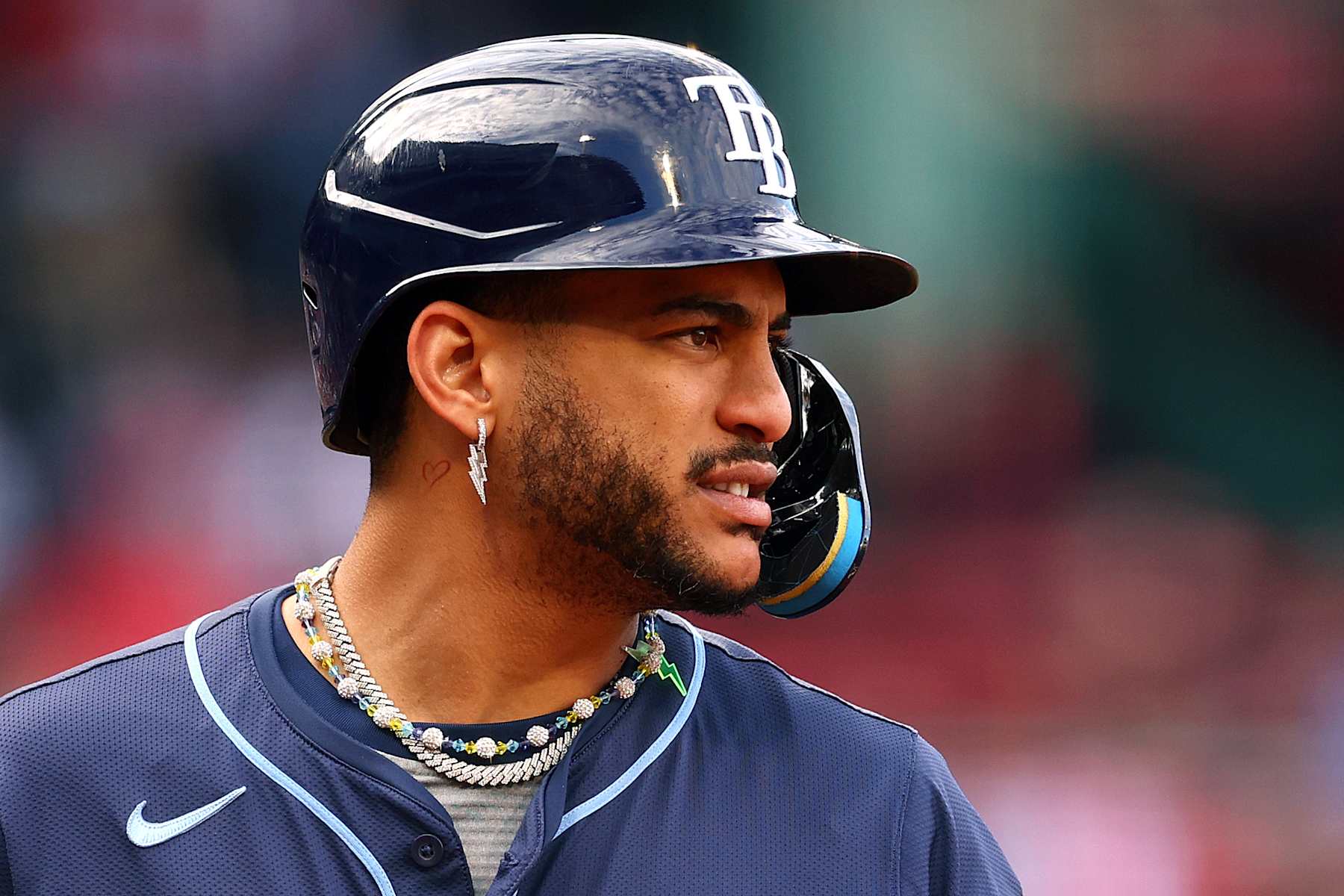 BOSTON, MASSACHUSETTS - SEPTEMBER 28: Jose Siri #22 of the Tampa Bay Rays at looks on while bat against the Boston Red Sox during the second inning at Fenway Park on September 28, 2024 in Boston, Massachusetts. (Photo by Maddie Meyer/Getty Images)
