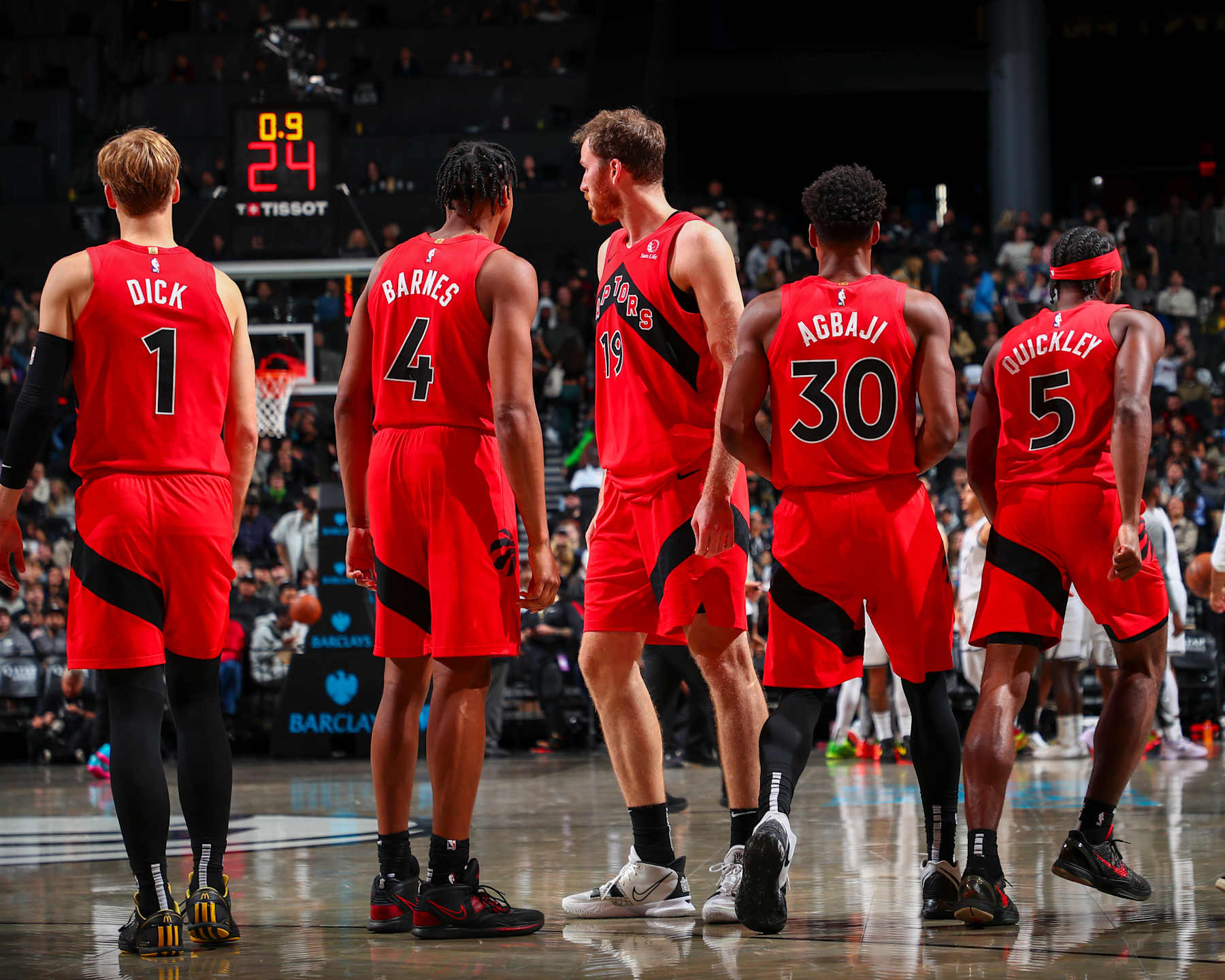 BROOKLYN, NY - OCTOBER 18: Toronto Raptors players looks on during the game on October 18, 2024 at Barclays Center in Brooklyn, New York. NOTE TO USER: User expressly acknowledges and agrees that, by downloading and or using this Photograph, user is consenting to the terms and conditions of the Getty Images License Agreement. Mandatory Copyright Notice: Copyright 2024 NBAE (Photo by David L. Nemec/NBAE via Getty Images)