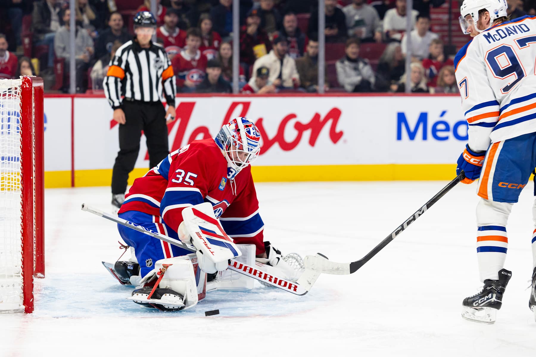 MONTREAL, CANADA- NOVEMBER 18: Sam Montembeault #35 of the Montreal Canadiens makes a pad save during the second period of the NHL regular season game between the Montreal Canadiens and the Edmonton Oilers at the Bell Centre on November 18, 2024 in Montreal, Quebec, Canada. (Photo by Vitor Munhoz/NHLI via Getty Images)