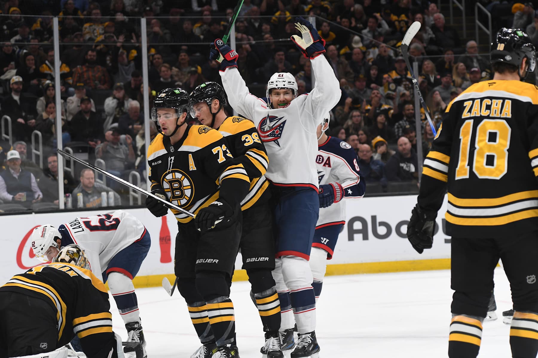 BOSTON, MASSACHUSETTS - NOVEMBER 18: James van Riemsdyk #21 of the Columbus Blue Jackets celebrate his first-period goal against the Boston Bruins on November 18, 2024, at the TD Garden in Boston, Massachusetts. (Photo by Steve Babineau/NHLI via Getty Images)