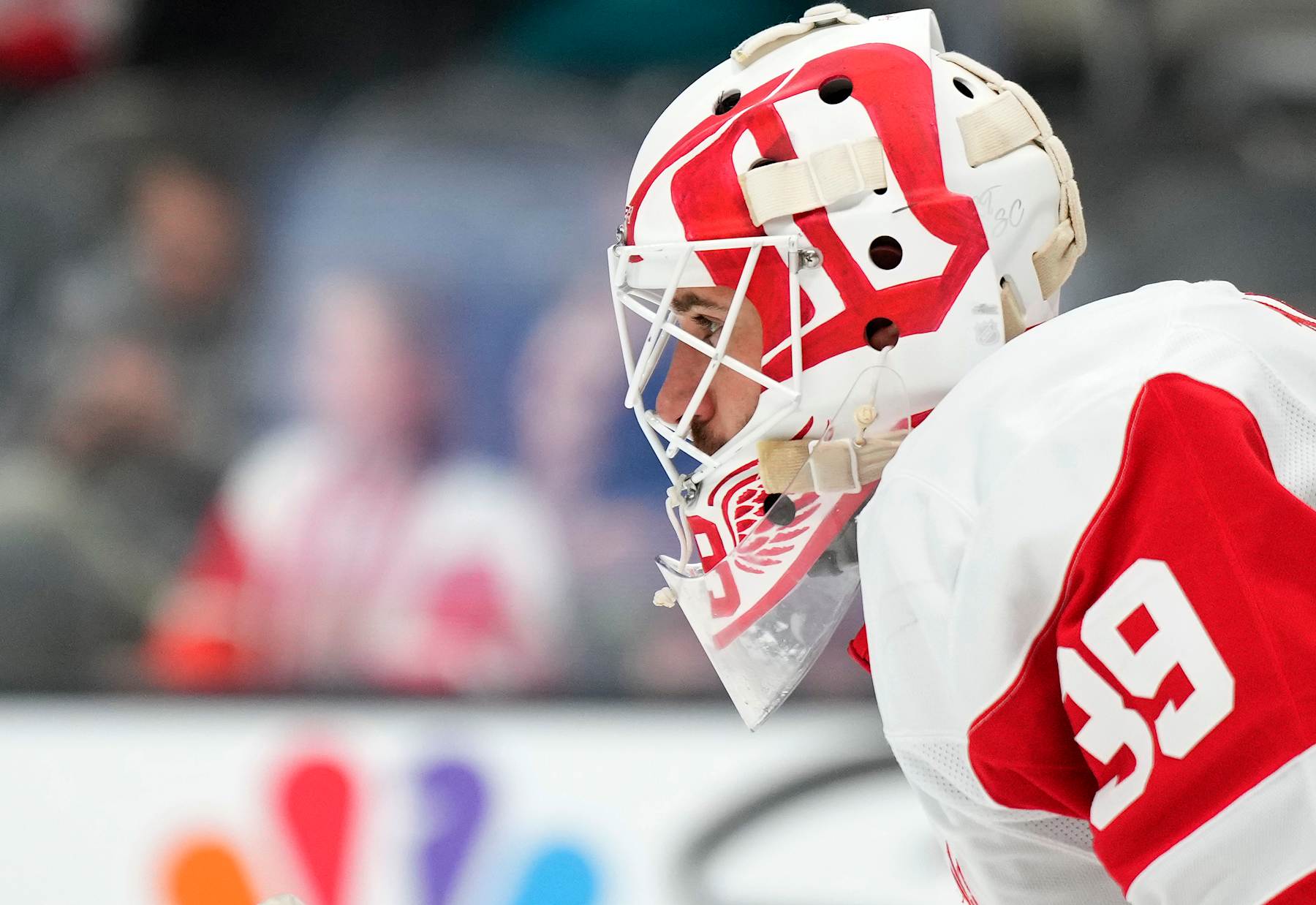 SAN JOSE, CALIFORNIA - NOVEMBER 18: Goalie Cam Talbot #39 of the Detroit Red Wings looks on against the San Jose Sharks while there's a break in the action of the second period at SAP Center on November 18, 2024 in San Jose, California. (Photo by Thearon W. Henderson/Getty Images)