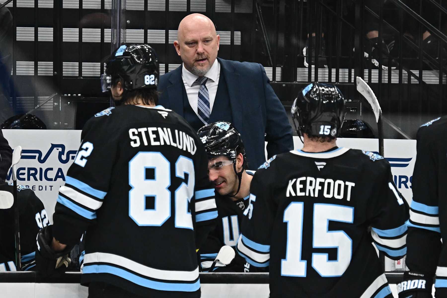 SALT LAKE CITY, UTAH - NOVEMBER 13: Head Coach Andre Tourigny of the Utah Hockey Club talks to his team during a game against the Carolina Hurricanes on November 13, 2024 at Delta Center in Salt Lake City, Utah. (Photo by Jamie Sabau/NHLI via Getty Images)