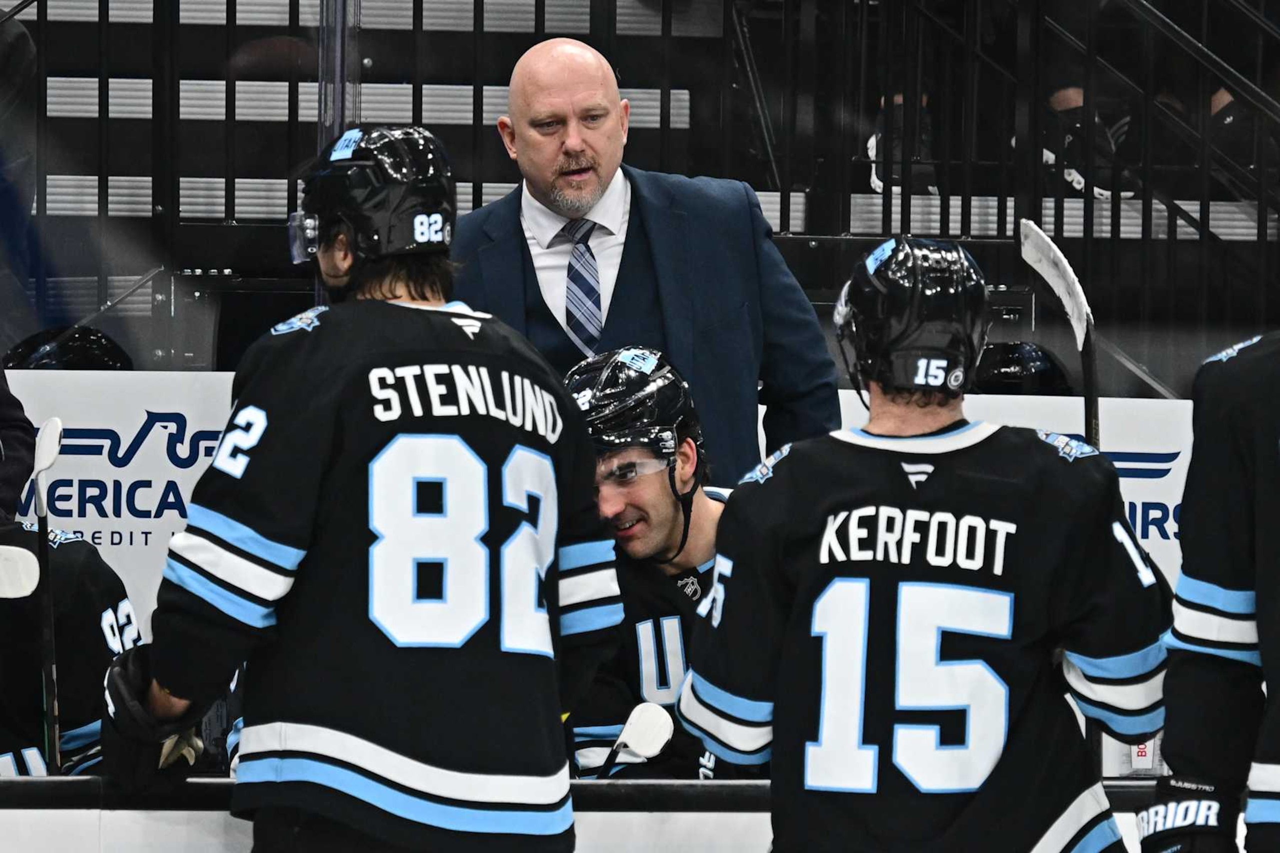 SALT LAKE CITY, UTAH - NOVEMBER 13: Head Coach Andre Tourigny of the Utah Hockey Club talks to his team during a game against the Carolina Hurricanes on November 13, 2024 at Delta Center in Salt Lake City, Utah. (Photo by Jamie Sabau/NHLI via Getty Images) SALT LAKE CITY, UTAH - NOVEMBER 13: Head Coach Andre Tourigny of the Utah Hockey Club talks to his team during a game against the Carolina Hurricanes on November 13, 2024 at Delta Center in Salt Lake City, Utah. (Photo by Jamie Sabau/NHLI via Getty Images)