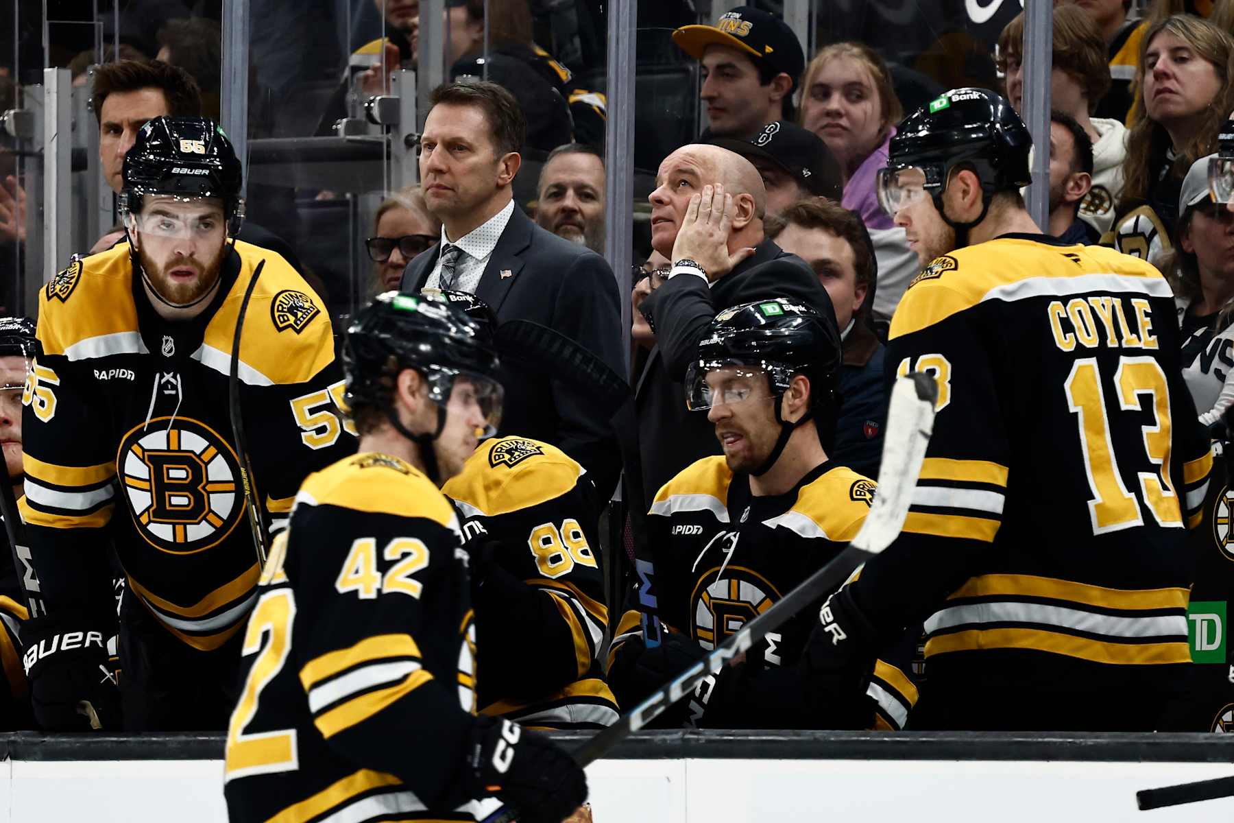 BOSTON, MA - NOVEMBER 18: Head coach Jim Montgomery of the Boston Bruins looks up at the scoreboard during the third period of their 5-1 loss to the Columbus Blue Jackets at TD Garden on November 18, 2024 in Boston, Massachusetts. (Photo By Winslow Townson/Getty Images)