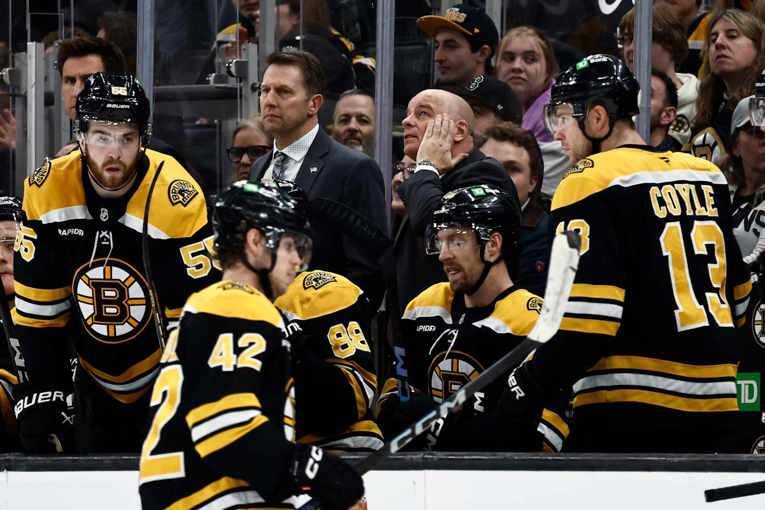 BOSTON, MA - NOVEMBER 18: Head coach Jim Montgomery of the Boston Bruins looks up at the scoreboard during the third period of their 5-1 loss to the Columbus Blue Jackets at TD Garden on November 18, 2024 in Boston, Massachusetts. (Photo By Winslow Townson/Getty Images) BOSTON, MA - NOVEMBER 18: Head coach Jim Montgomery of the Boston Bruins looks up at the scoreboard during the third period of their 5-1 loss to the Columbus Blue Jackets at TD Garden on November 18, 2024 in Boston, Massachusetts. (Photo By Winslow Townson/Getty Images)