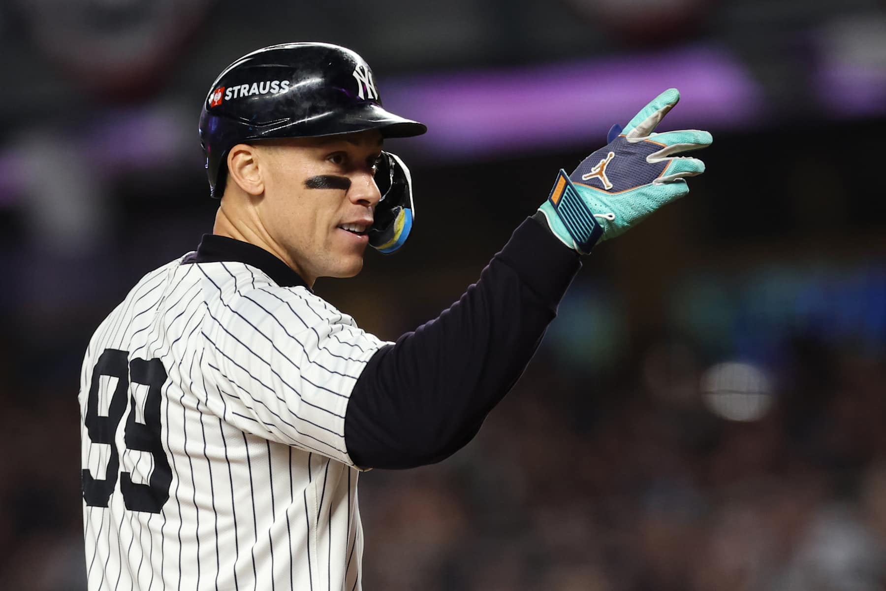 NEW YORK, NY - OCTOBER 30: Aaron Judge #99 of the New York Yankees reacts after hitting a two-run home run in the first inning of Game 5 of the 2024 World Series presented by Capital One between the Los Angeles Dodgers and the New York Yankees at Yankee Stadium on Wednesday, October 30, 2024 in New York, New York. (Photo by Rob Tringali/MLB Photos via Getty Images)