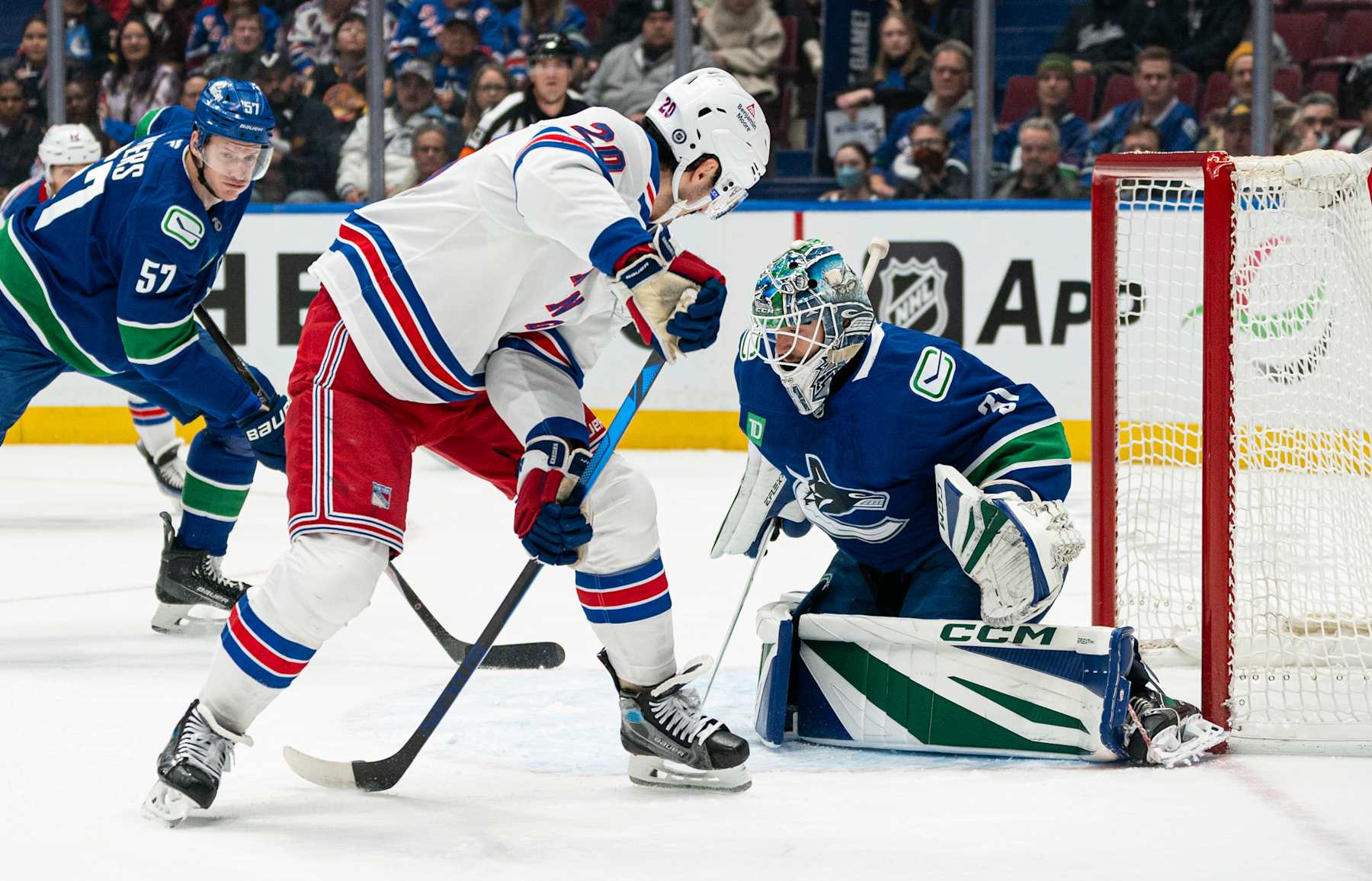VANCOUVER, CANADA - NOVEMBER 19: Chris Kreider #20 of the New York Rangers shoots on goalie Arturs Silovs #31 of the Vancouver Canucks during the first period on November, 19, 2024 at Rogers Arena in Vancouver, British Columbia, Canada. (Photo by Rich Lam/Getty Images)