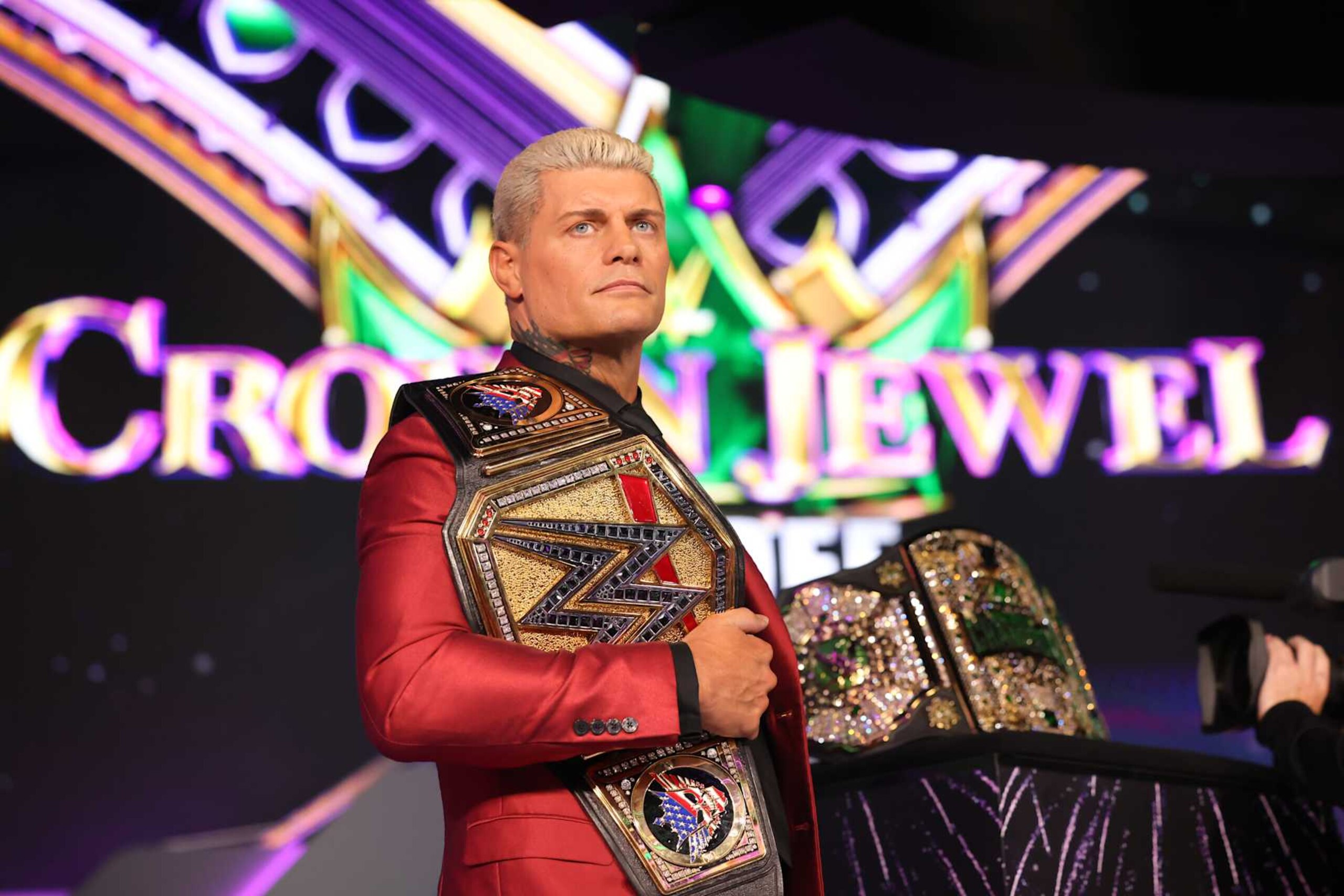 RIYADH, SAUDI ARABIA - NOVEMBER 1: Cody Rhodes looks on during Crown Jewel Kickoff at Mohammed Abdo Arena on November 1, 2024 in Riyadh, Saudi Arabia.  (Photo by WWE/Getty Images)