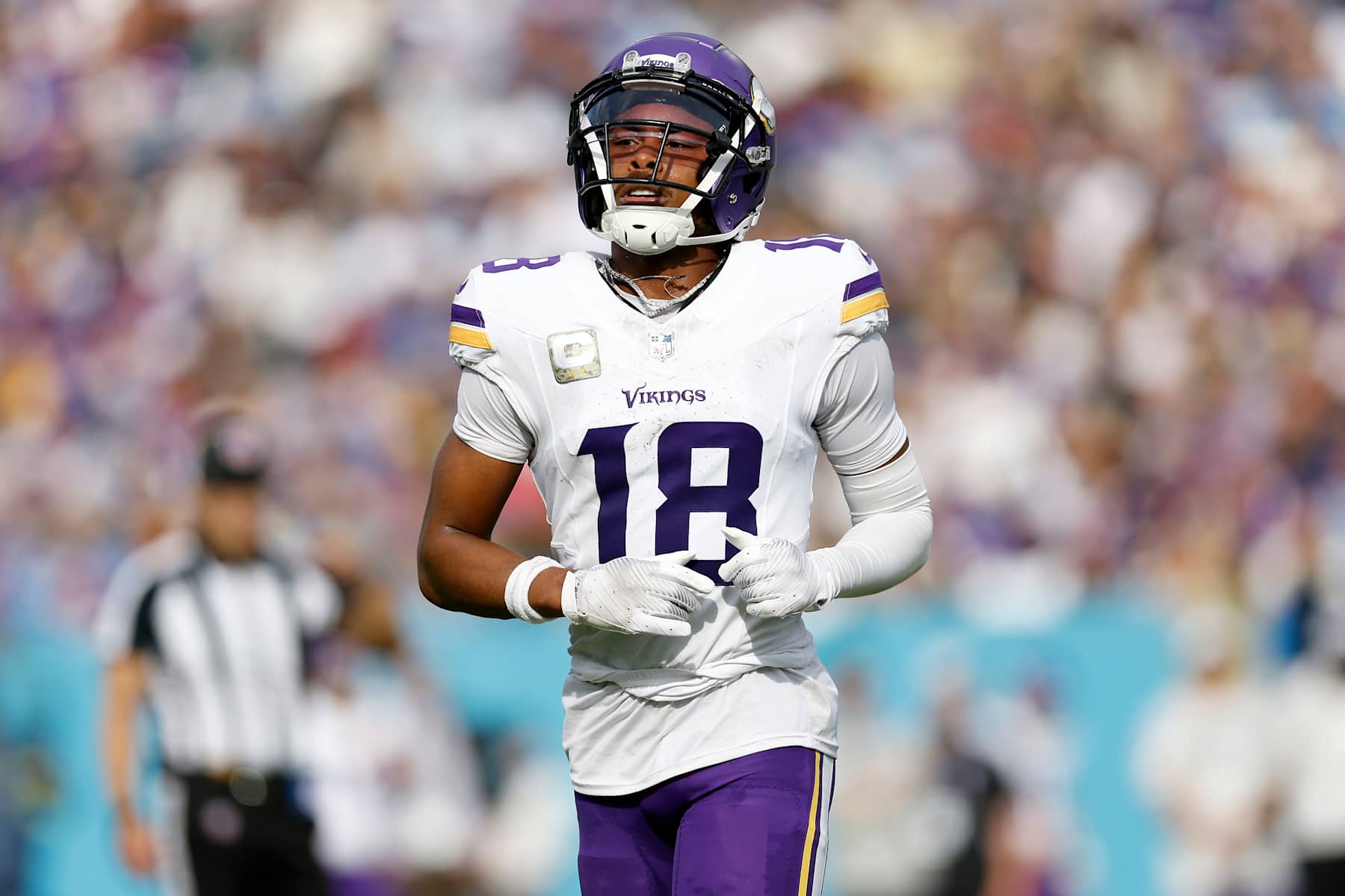 NASHVILLE, TENNESSEE - NOVEMBER 17: Justin Jefferson #18 of the Minnesota Vikings looks on during the first half of a game against the Tennessee Titans at Nissan Stadium on November 17, 2024 in Nashville, Tennessee. (Photo by Wesley Hitt/Getty Images)