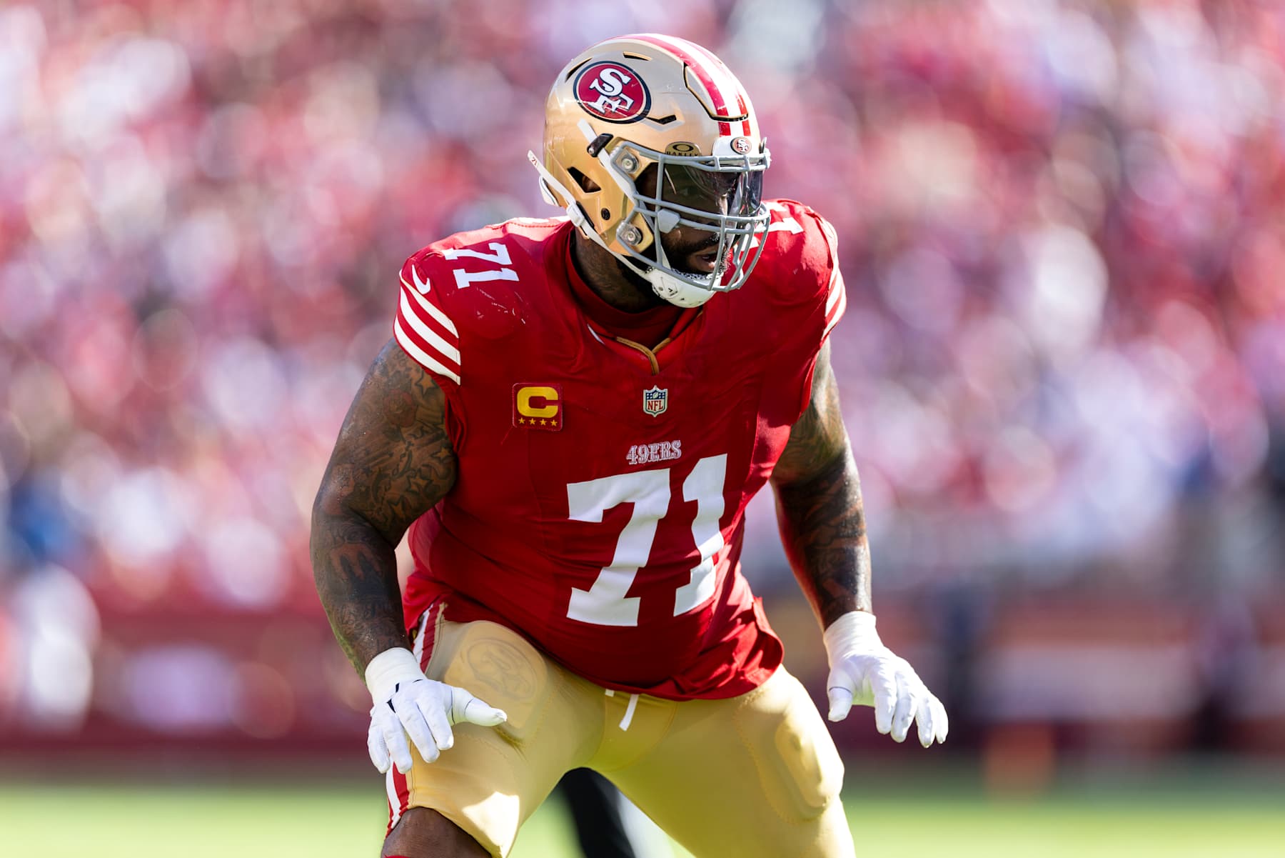 SANTA CLARA, CALIFORNIA - OCTOBER 20: Trent Williams #71 of the San Francisco defends during an NFL Football game against the Kansas City Chiefs at Levi's Stadium on October 20, 2024 in Santa Clara, California. (Photo by Michael Owens/Getty Images)