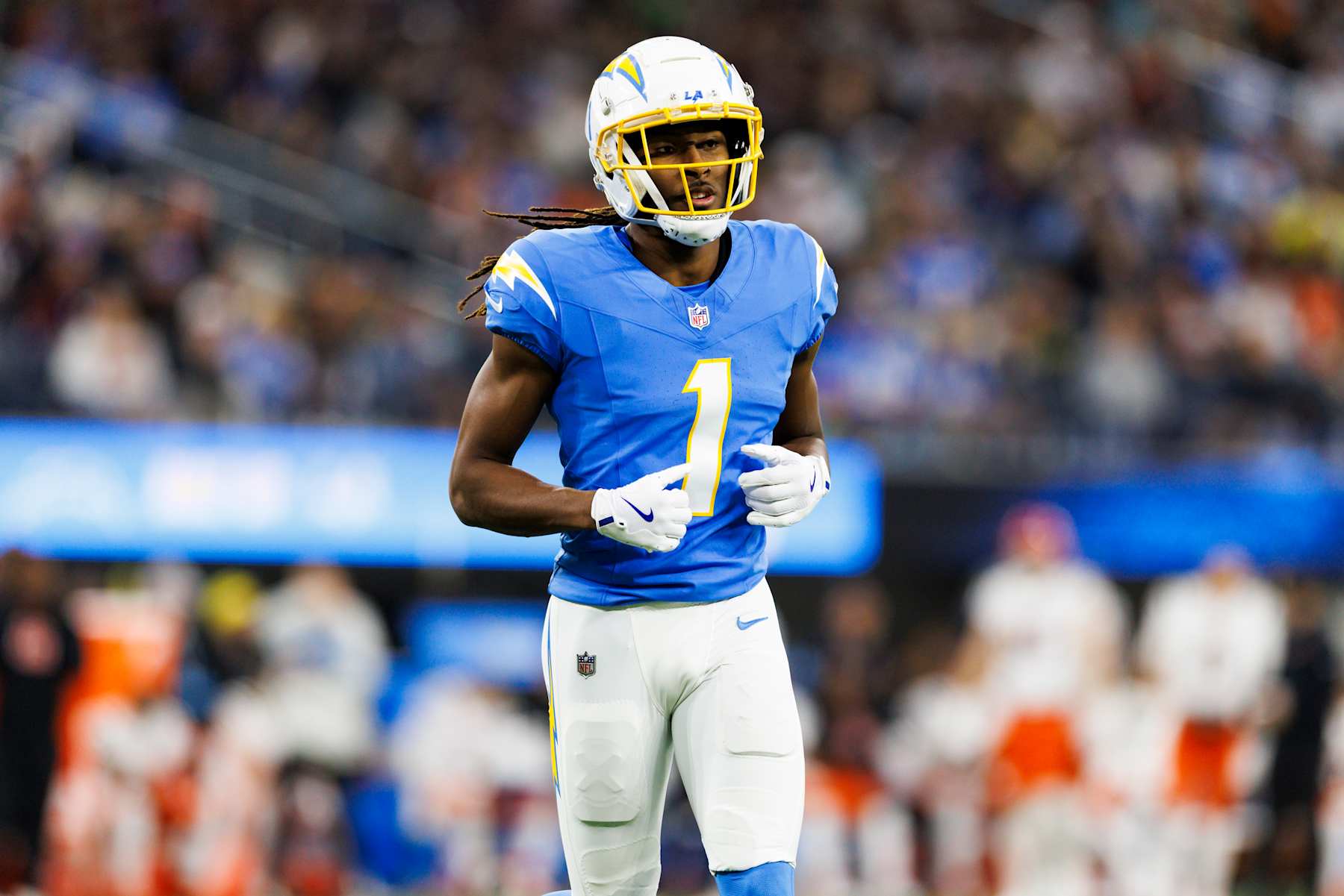 INGLEWOOD, CALIFORNIA - NOVEMBER 17: Quentin Johnston #1 of the Los Angeles Chargers runs a route during the first half against the Cincinnati Bengals at SoFi Stadium on November 17, 2024 in Inglewood, California. (Photo by Ric Tapia/Getty Images)