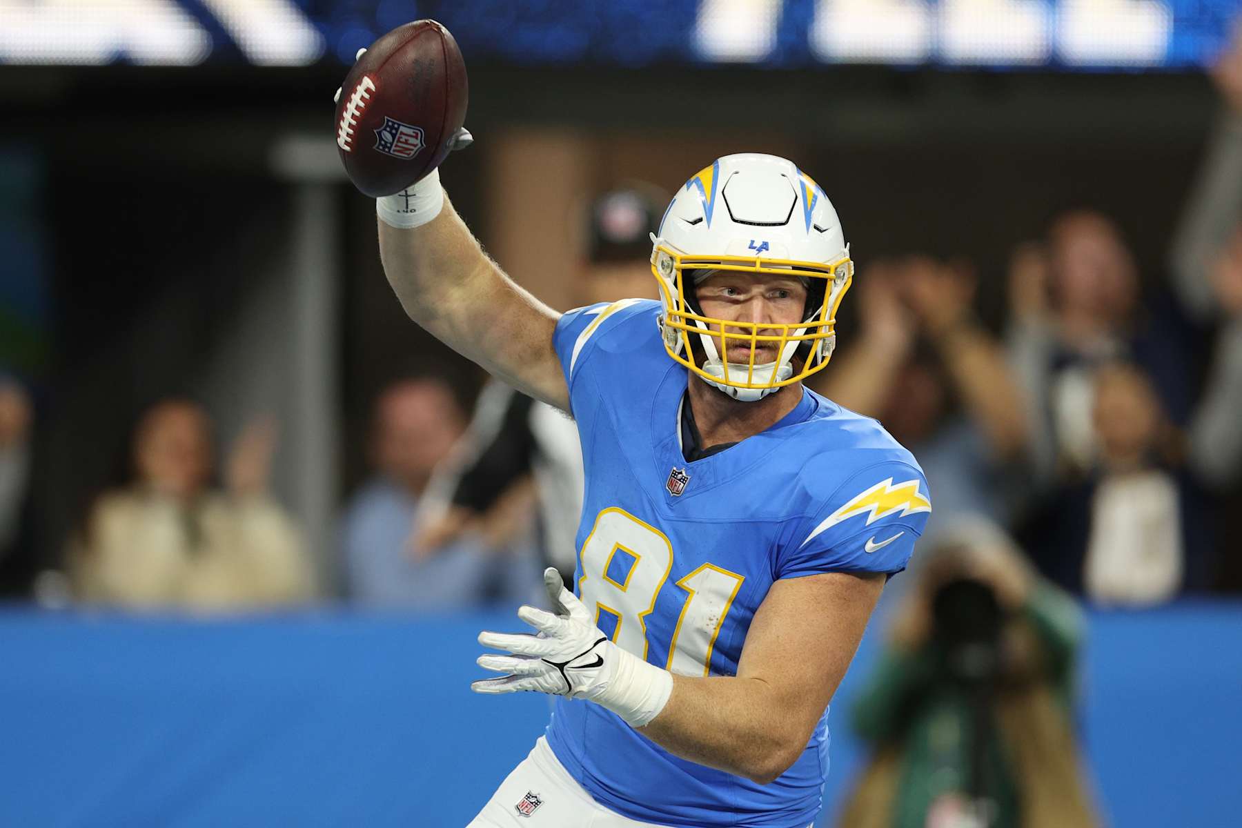 INGLEWOOD, CALIFORNIA - NOVEMBER 17: Will Dissly #81 of the Los Angeles Chargers celebrates his touchdown reception against the Cincinnati Bengals during the first quarter at SoFi Stadium on November 17, 2024 in Inglewood, California. (Photo by Harry How/Getty Images)
