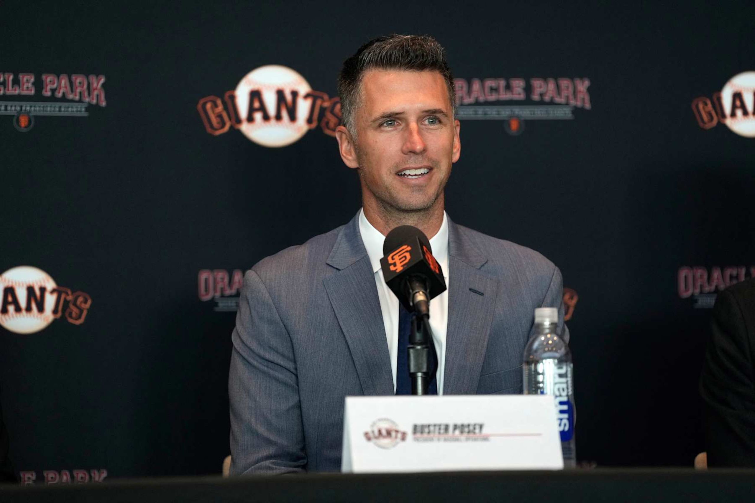 SAN FRANCISCO, CALIFORNIA - OCTOBER 1: Buster Posey speaks during a press conference announcing his new role as President of Baseball Operations of the San Francisco Giants at Oracle Park on October 1, 2024 in San Francisco, California. (Photo by Andy Kuno/San Francisco Giants/Getty Images)