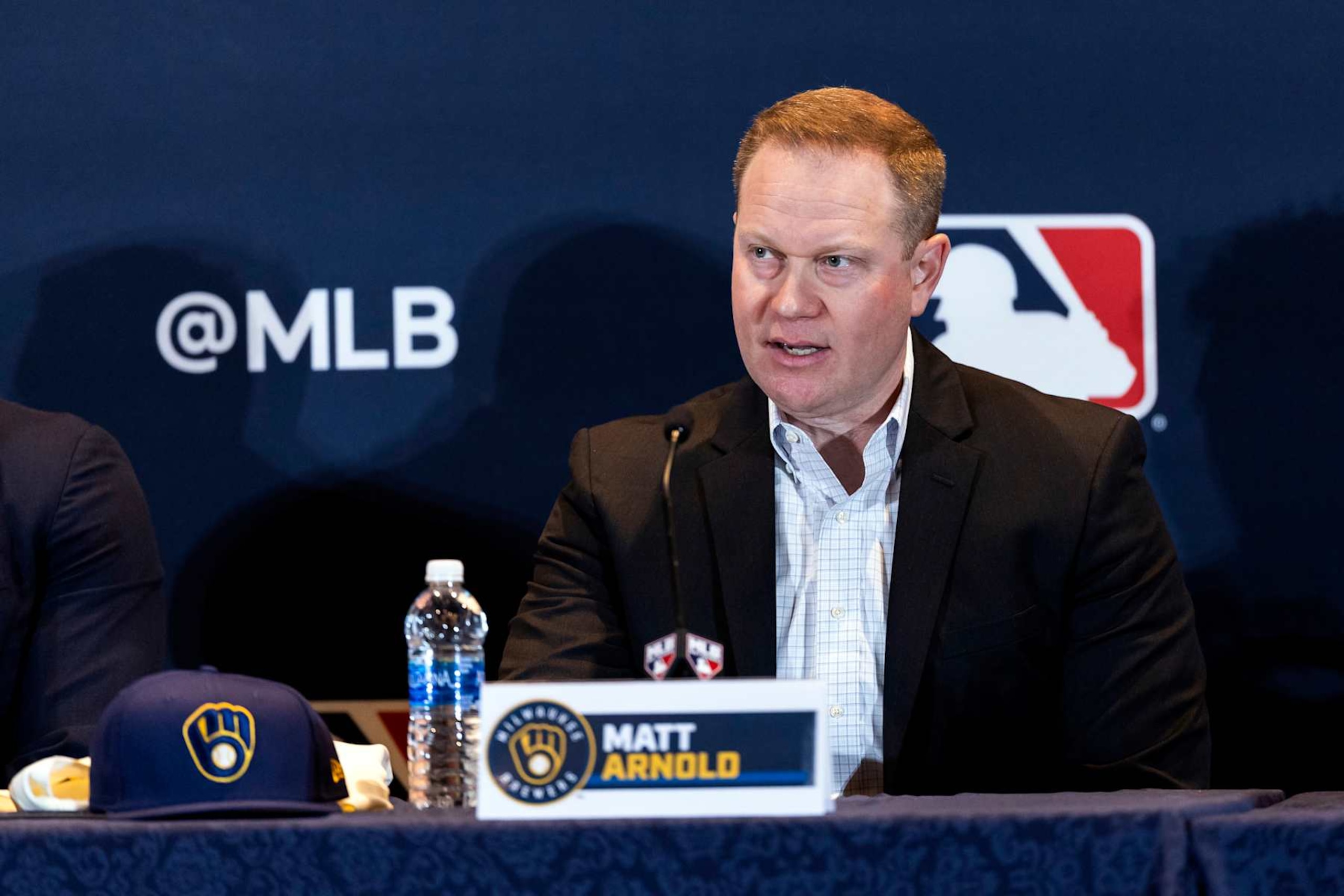 NASHVILE, TN - DECEMBER 04:  Milwaukee Brewers General Manager Matt Arnold talks to the media during the Jackson Chourio Press Conference at the Gaylord Opryland Resort & Convention Center on Monday, December 4, 2023 in Nashvile, Tennessee. (Photo by Casey Gower/MLB Photos via Getty Images)