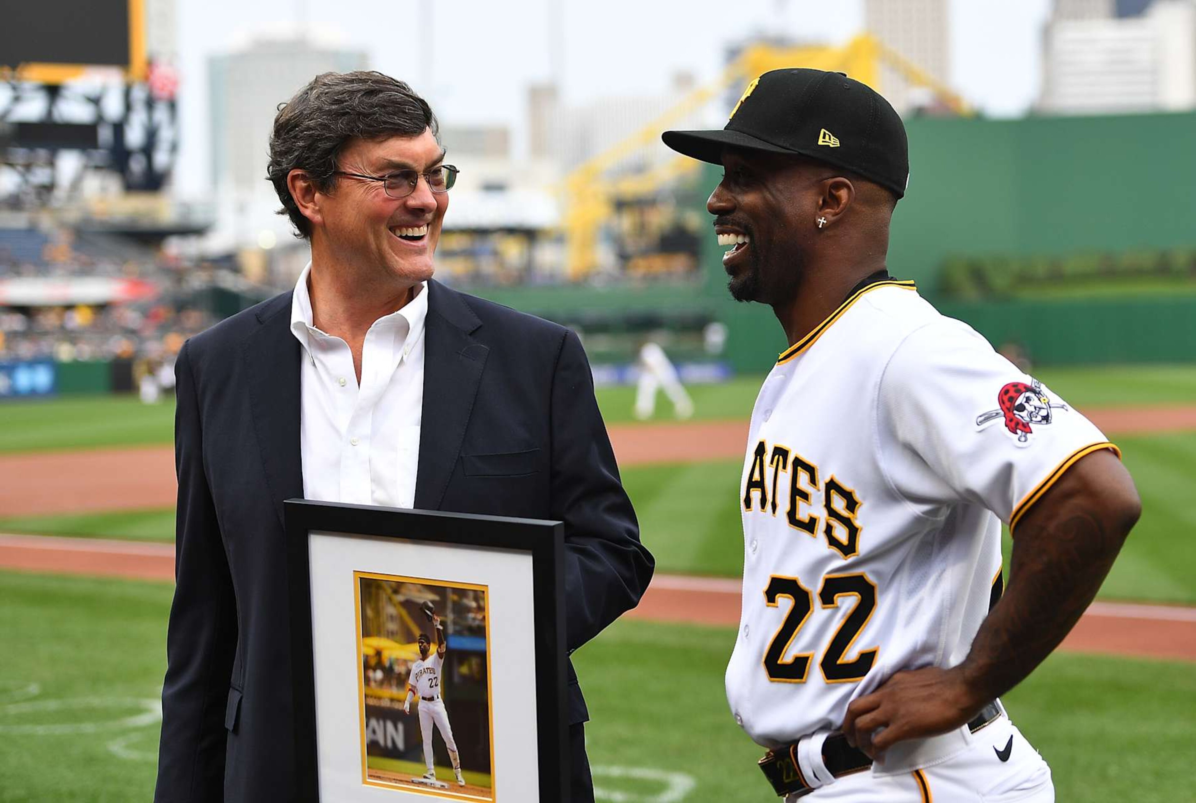 PITTSBURGH, PA - JUNE 20: Pittsburgh Pirates owner Bob Nutting presents Andrew McCutchen #22 a framed photo in honor of his 2000th career hit prior to the game against the Chicago Cubs at PNC Park on June 20, 2023 in Pittsburgh, Pennsylvania. (Photo by Joe Sargent/Getty Images) PITTSBURGH, PA - JUNE 20: Pittsburgh Pirates owner Bob Nutting presents Andrew McCutchen #22 a framed photo in honor of his 2000th career hit prior to the game against the Chicago Cubs at PNC Park on June 20, 2023 in Pittsburgh, Pennsylvania. (Photo by Joe Sargent/Getty Images)