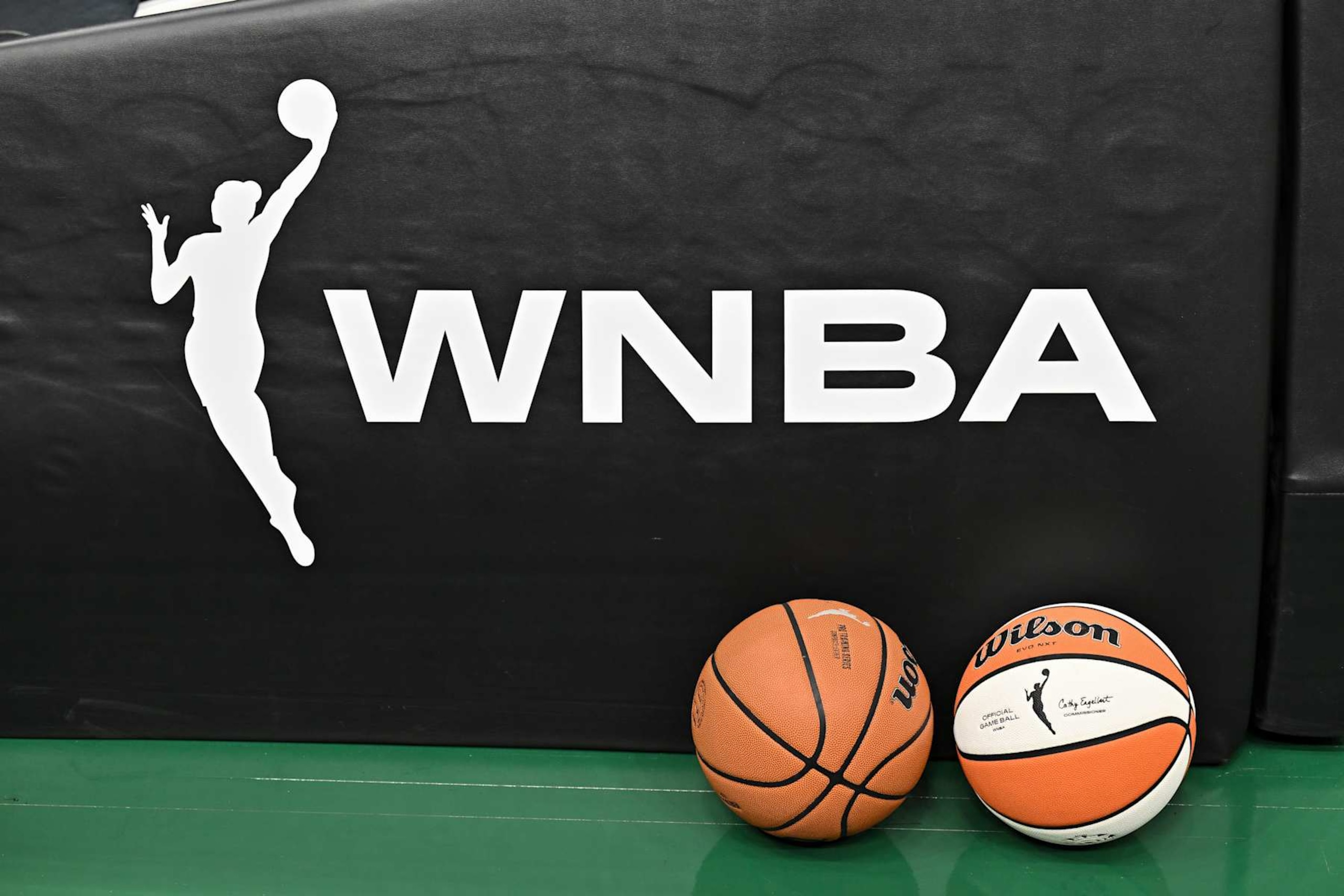 SEATTLE, WASHINGTON - AUGUST 30: A view of the WNBA logo before the game between the Seattle Storm and the New York Liberty at Climate Pledge Arena on August 30, 2024 in Seattle, Washington. NOTE TO USER: User expressly acknowledges and agrees that, by downloading and or using this photograph, User is consenting to the terms and conditions of the Getty Images License Agreement. (Photo by Alika Jenner/Getty Images) SEATTLE, WASHINGTON - AUGUST 30: A view of the WNBA logo before the game between the Seattle Storm and the New York Liberty at Climate Pledge Arena on August 30, 2024 in Seattle, Washington. NOTE TO USER: User expressly acknowledges and agrees that, by downloading and or using this photograph, User is consenting to the terms and conditions of the Getty Images License Agreement. (Photo by Alika Jenner/Getty Images)