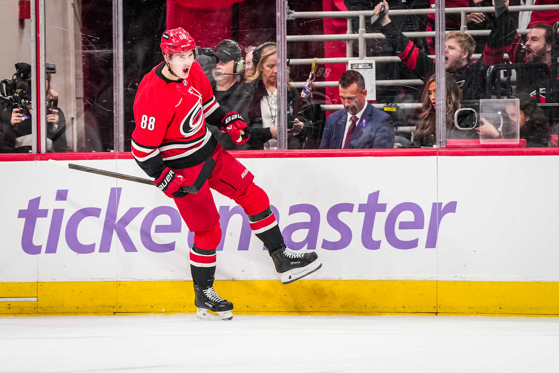 RALEIGH, NORTH CAROLINA - NOVEMBER 17: Carolina Hurricanes center Martin Necas (88) celebrates a goal during a game against the St. Louis Blues at the Lenovo Center on November 17, 2024 in Raleigh, North Carolina. (Photo by Cato Cataldo/NHLI via Getty Images)