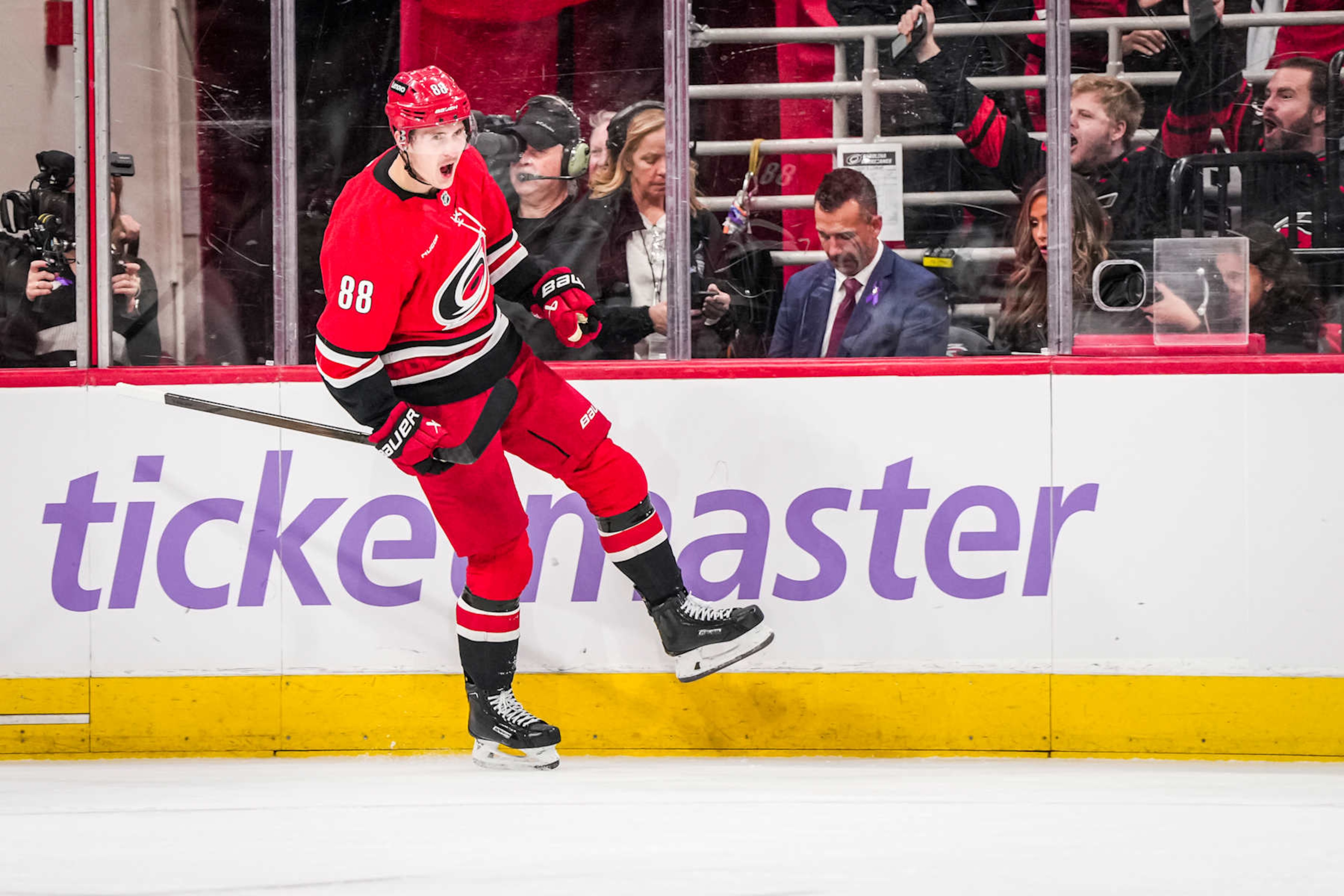 RALEIGH, NORTH CAROLINA - NOVEMBER 17:  Carolina Hurricanes center Martin Necas (88) celebrates a goal during a game against the St. Louis Blues at the Lenovo Center on November 17, 2024 in Raleigh, North Carolina.  (Photo by Cato Cataldo/NHLI via Getty Images)