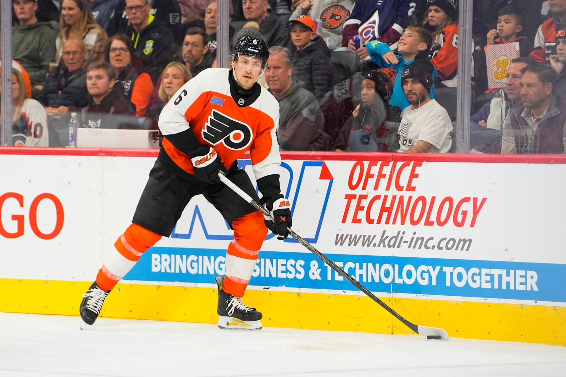 PHILADELPHIA, PA - NOVEMBER 18: Philadelphia Flyers Defenseman Travis Sanheim (6) controls the puck during the first period of the National Hockey League game between the Colorado Avalanche and the Philadelphia Flyers on November 18, 2024, at the Wells Fargo Center in Philadelphia, PA. (Photo by Gregory Fisher/Icon Sportswire via Getty Images)