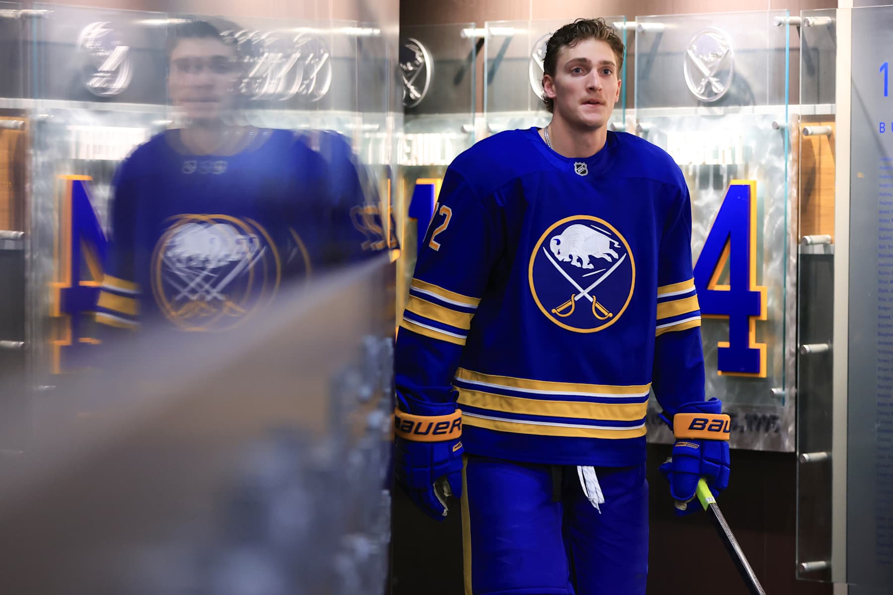 BUFFALO, NEW YORK - NOVEMBER 11: Tage Thompson #72 of the Buffalo Sabres prepares to play against the Montreal Canadiens prior to an NHL game on November 11, 2024 at KeyBank Center in Buffalo, New York. (Photo by Bill Wippert/NHLI via Getty Images)
