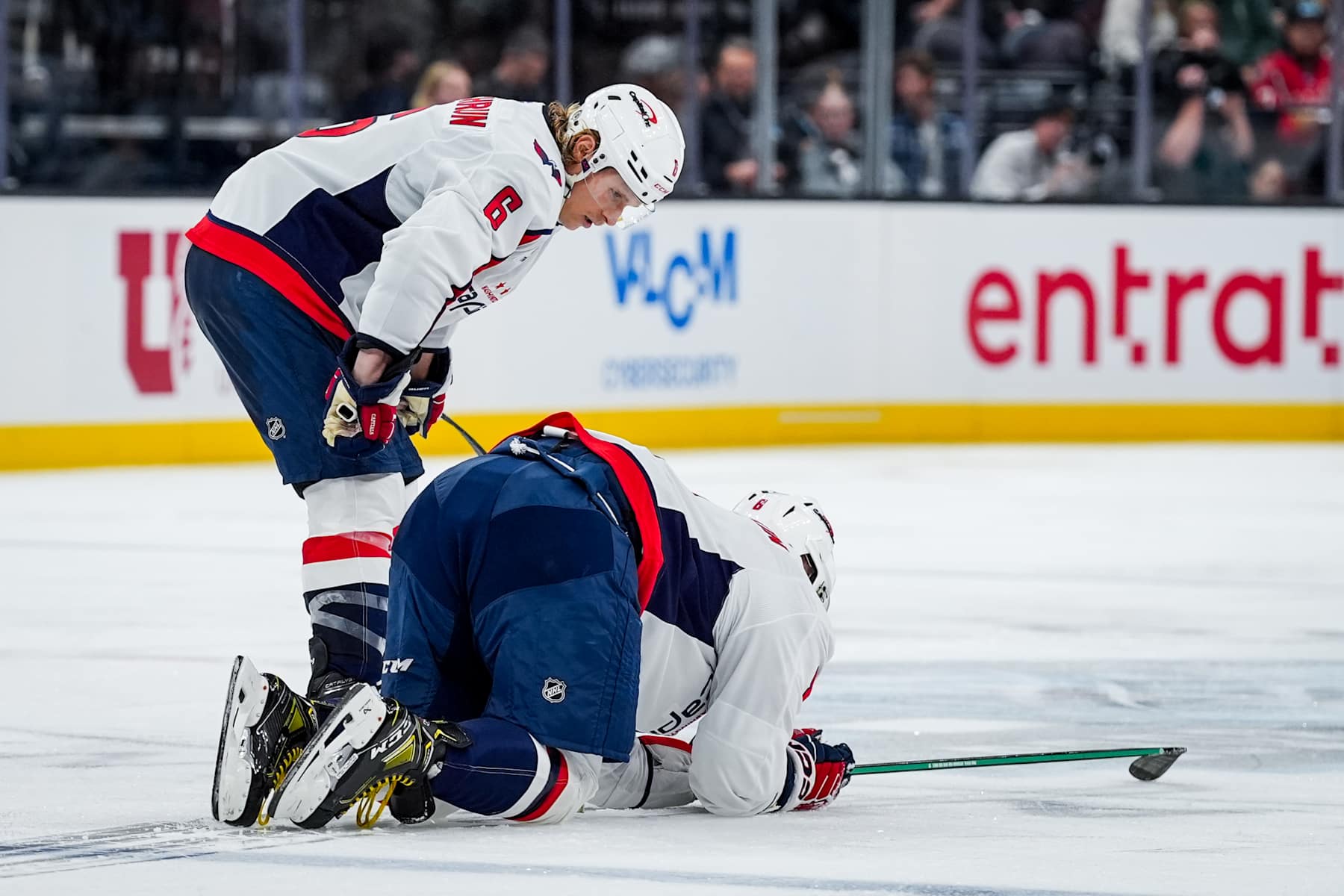 SALT LAKE CITY, UTAH - NOVEMBER 18: Jakob Chychrun #6 of the Washington Capitals checks on Alex Ovechkin #8 of the Washington Capitals after an injury during the third period against the Utah Hockey Club on November 18, 2024 at Delta Center in Salt Lake City, Utah. (Photo by Hunter Dyke/NHLI via Getty Images)