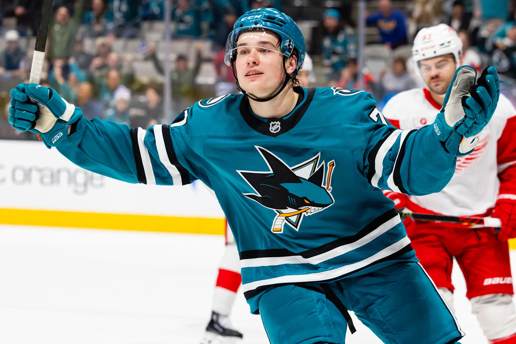 SAN JOSE, CA - NOVEMBER 18: San Jose Sharks center Macklin Celebrini (71) celebrates after scoring a game winning goal in overtime during a NHL game between the Detroit Red Wings and the San Jose Sharks on November 18, 2024 at SAP Center at San Jose in San Jose, CA. (Photo by Matthew Huang/Icon Sportswire via Getty Images)