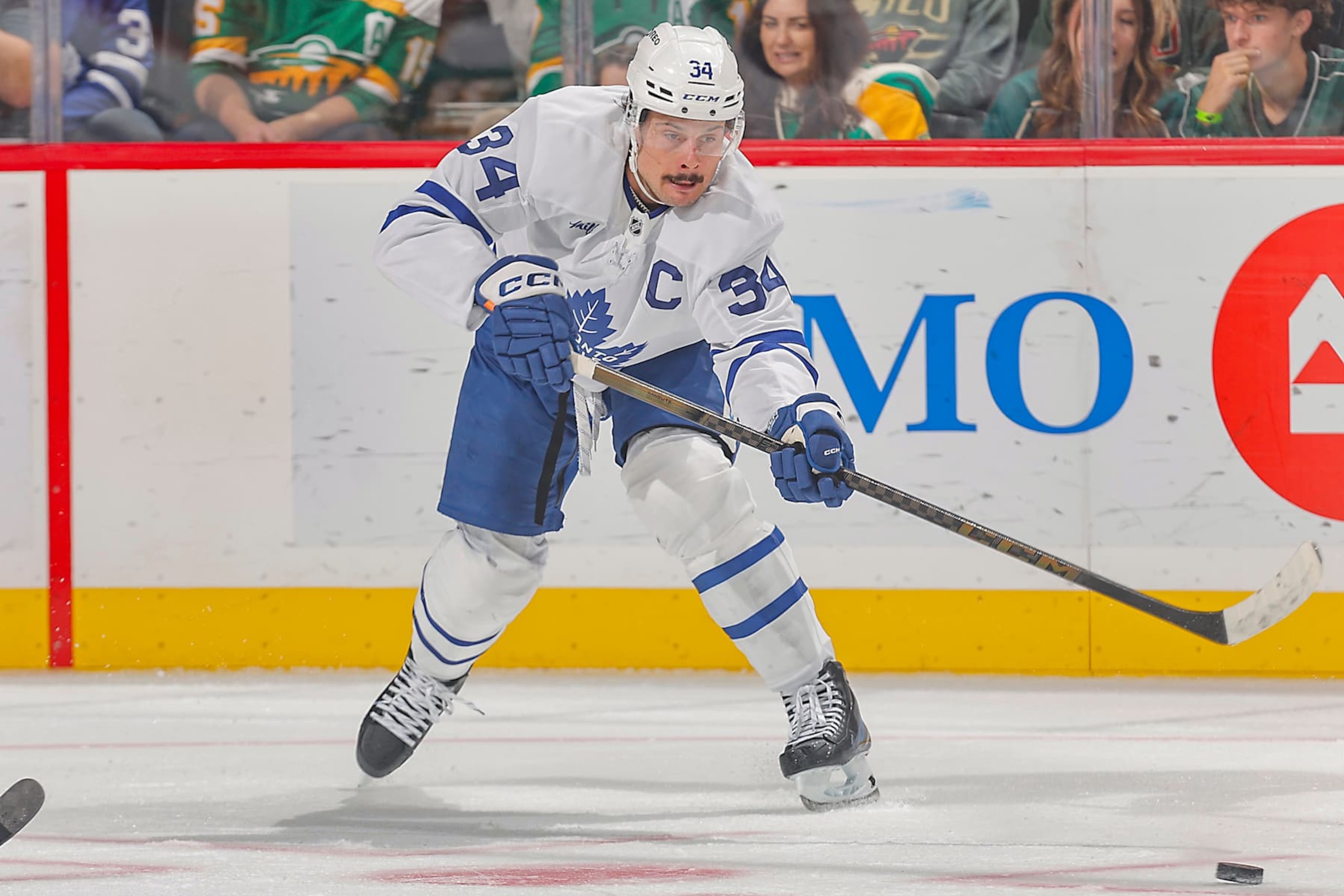 SAINT PAUL, MN - NOVEMBER 3: Auston Matthews #34 of the Toronto Maple Leafs passes the puck against the Minnesota Wild during the game at the Xcel Energy Center on November 3, 2024 in Saint Paul, Minnesota. (Photo by Bruce Kluckhohn/NHLI via Getty Images) SAINT PAUL, MN - NOVEMBER 3: Auston Matthews #34 of the Toronto Maple Leafs passes the puck against the Minnesota Wild during the game at the Xcel Energy Center on November 3, 2024 in Saint Paul, Minnesota. (Photo by Bruce Kluckhohn/NHLI via Getty Images)