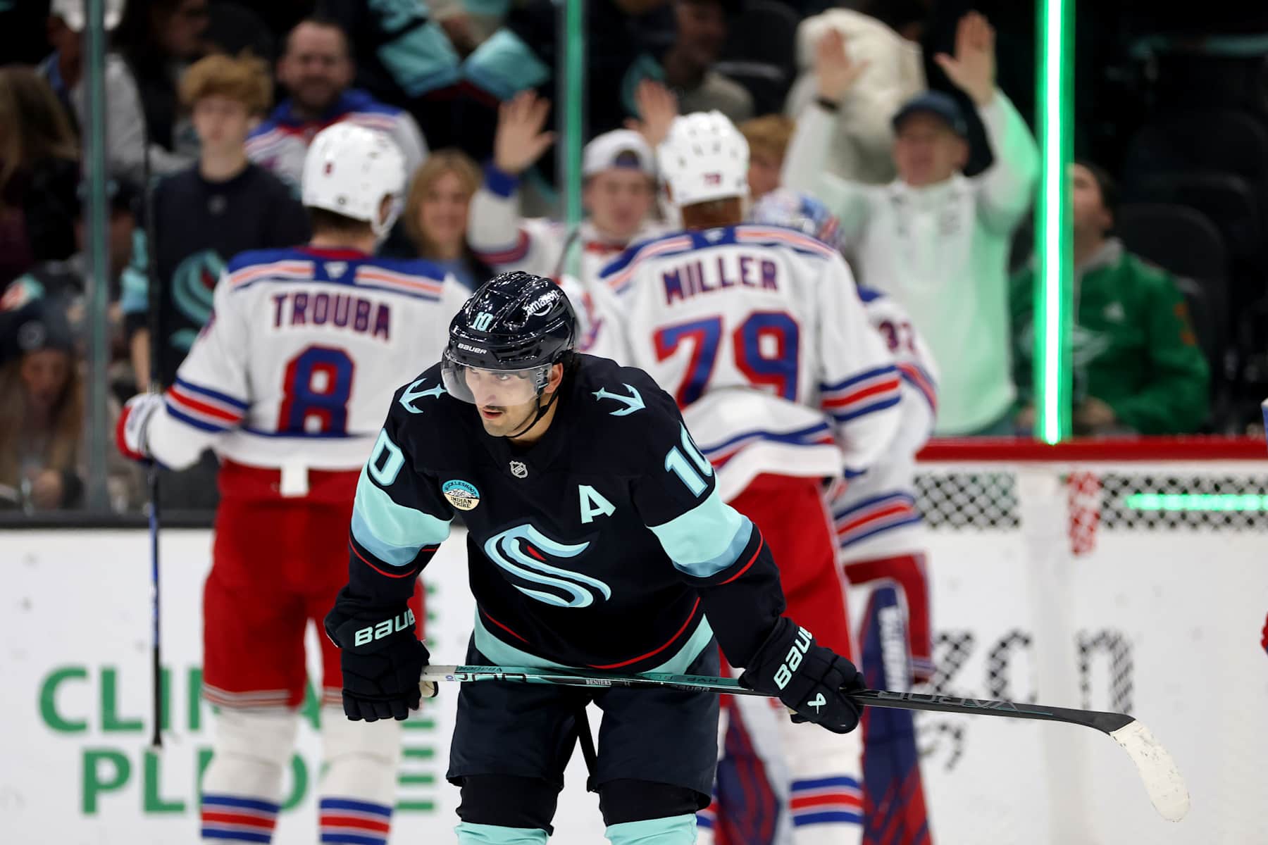 SEATTLE, WASHINGTON - NOVEMBER 17: Matty Beniers #10 of the Seattle Kraken reacts after losing 2-0 against the New York Rangers at Climate Pledge Arena on November 17, 2024 in Seattle, Washington. (Photo by Steph Chambers/Getty Images)