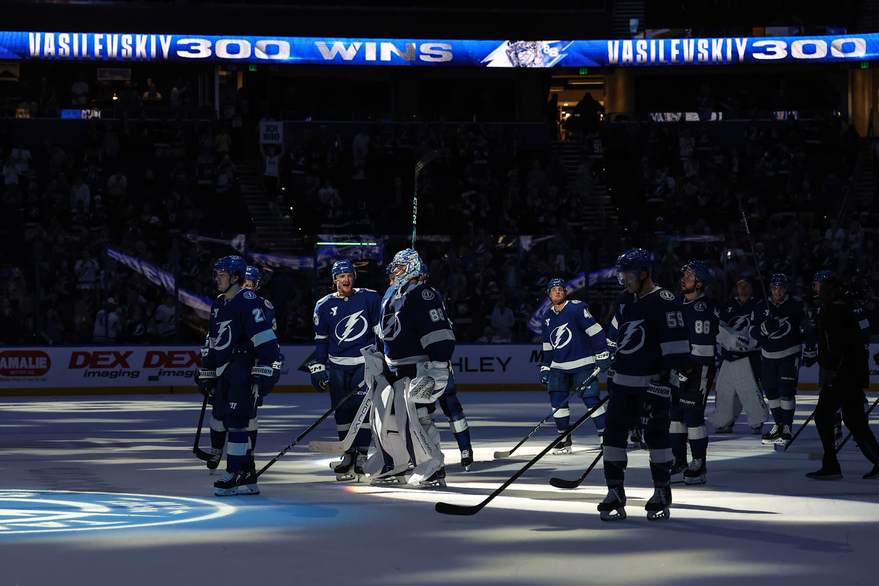 TAMPA, FL - NOVEMBER 14: Members of the Tampa Bay Lightning celebrate the 300th career regular season win for Andrei Vasilevskiy #88 in their victory over the Winnipeg Jets at the Amalie Arena on November 14, 2024 in Tampa, Florida. (Photo by Mike Carlson/Getty Images)