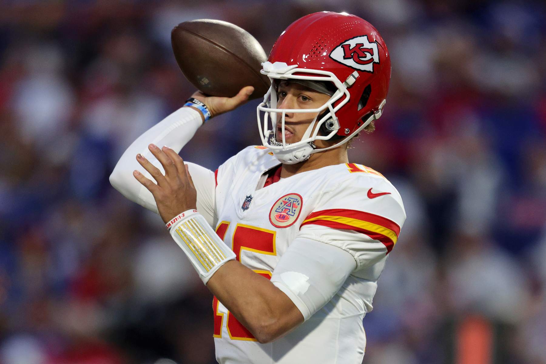 ORCHARD PARK, NEW YORK - NOVEMBER 17: Patrick Mahomes #15 of the Kansas City Chiefs throws a pass during the first quarter against the Buffalo Bills at Highmark Stadium on November 17, 2024 in Orchard Park, New York. (Photo by Bryan M. Bennett/Getty Images)