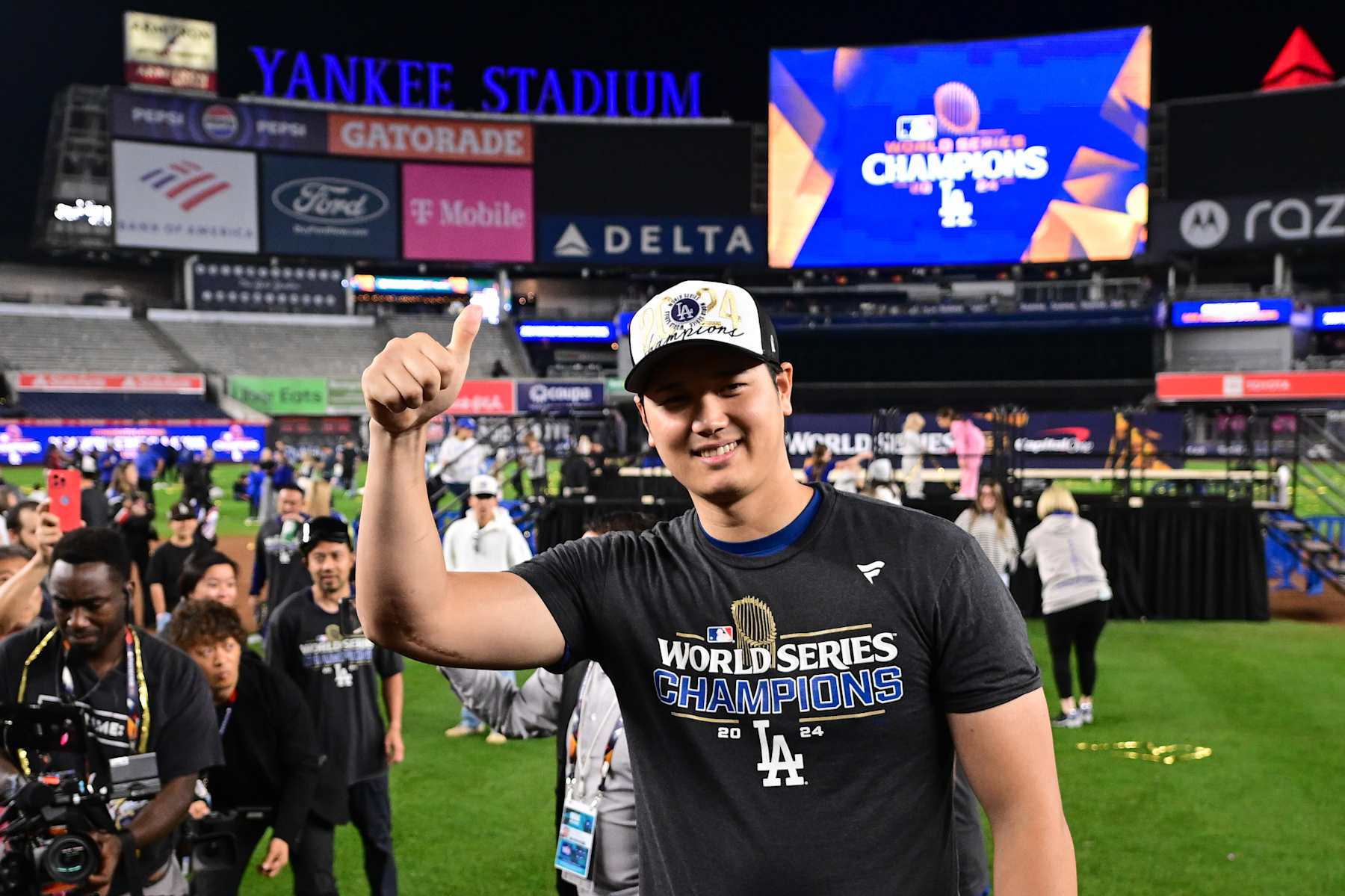 NEW YORK, NY - OCTOBER 30:   Shohei Ohtani #17 of the Los Angeles Dodgers celebrates on the field after the Dodgers won Game 5 to win the 2024 World Series presented by Capital One between the Los Angeles Dodgers and the New York Yankees at Yankee Stadium on Wednesday, October 30, 2024 in New York, New York. (Photo by Mike Lawrence/MLB Photos via Getty Images)