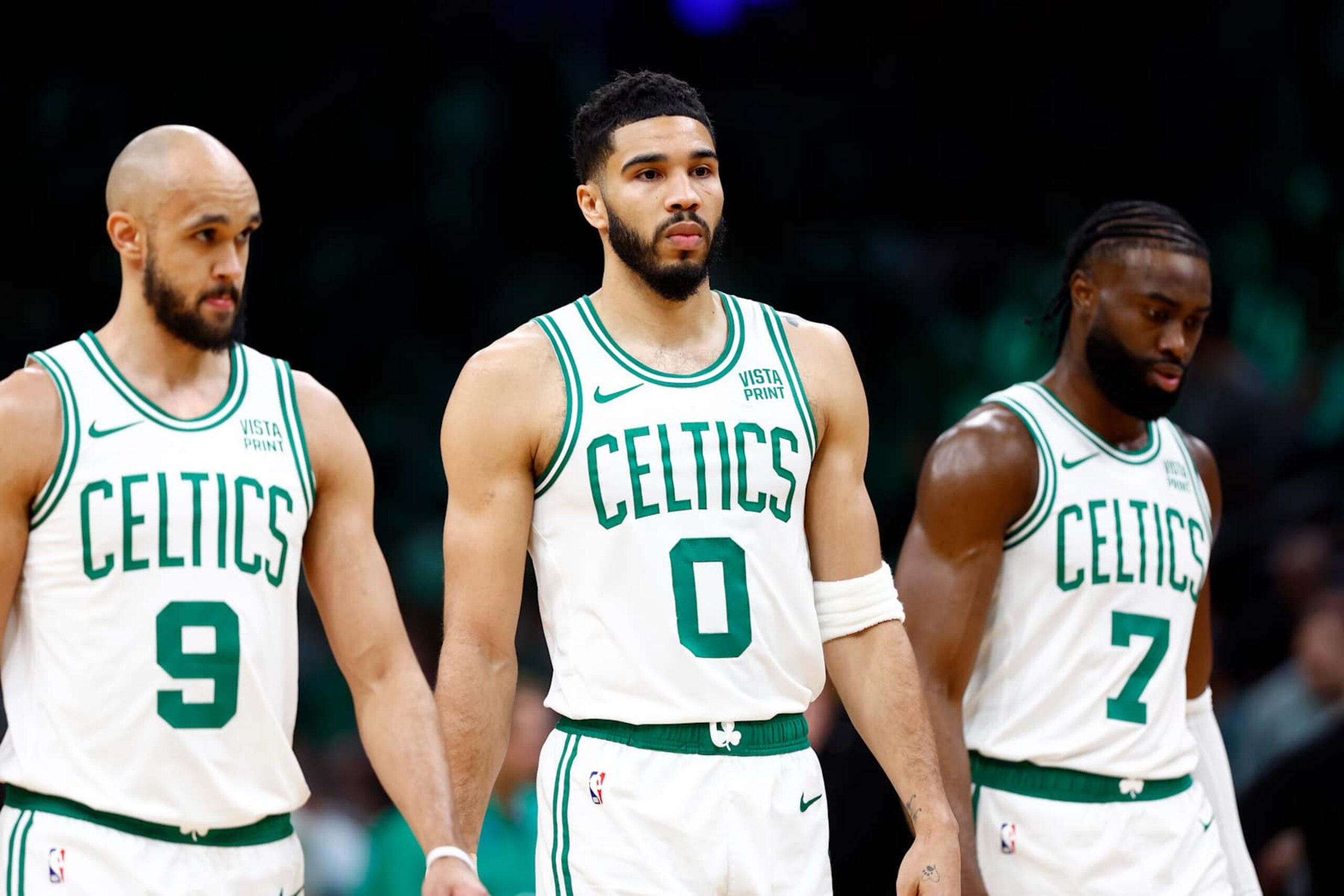 Boston, MA - May 7: Boston Celtics guard Derrick White, forward Jayson Tatum and guard Jaylen Brown walk onto the court during the first quarter. (Photo by Danielle Parhizkaran/The Boston Globe via Getty Images) Boston, MA - May 7: Boston Celtics guard Derrick White, forward Jayson Tatum and guard Jaylen Brown walk onto the court during the first quarter. (Photo by Danielle Parhizkaran/The Boston Globe via Getty Images)