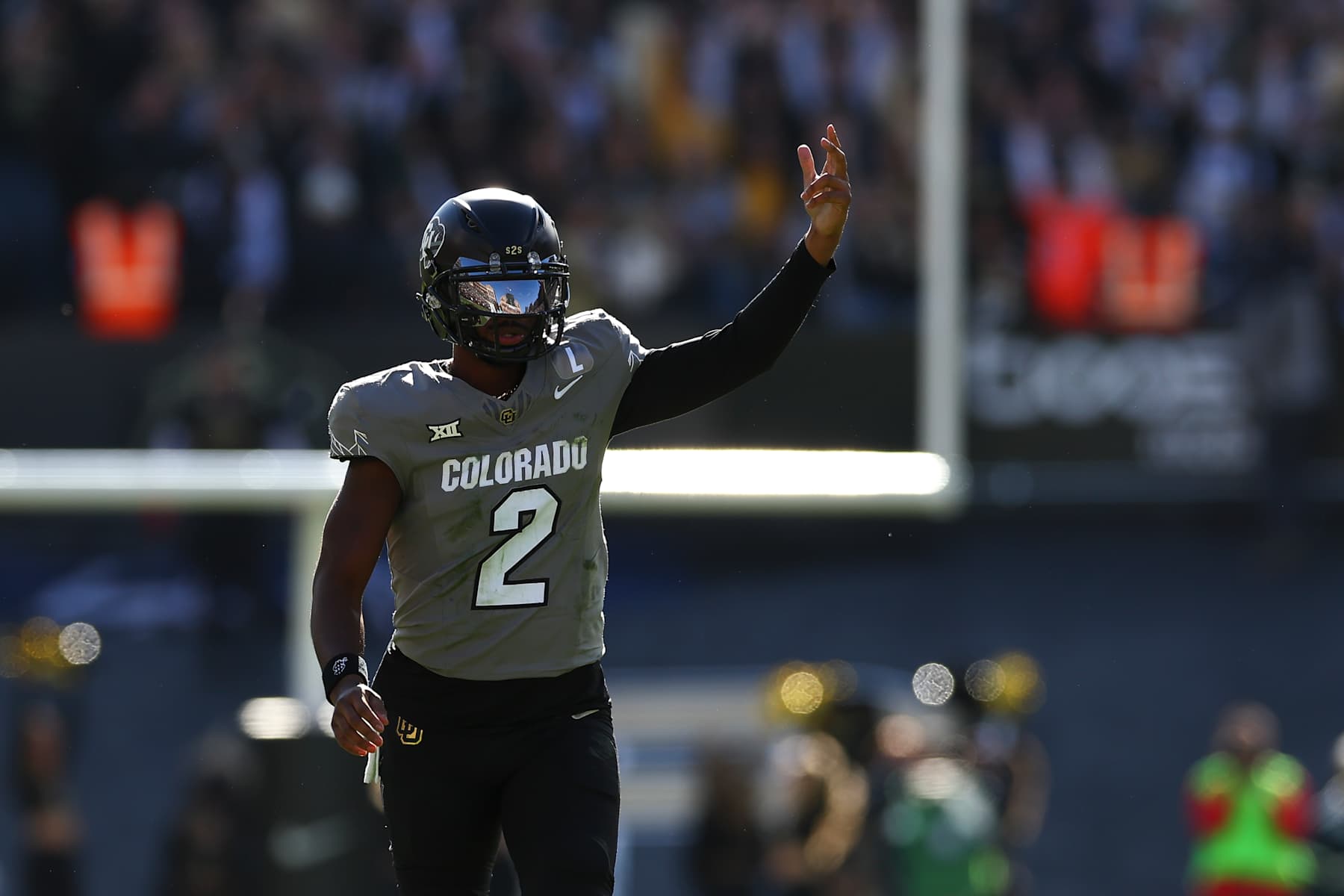 BOULDER, COLORADO - NOVEMBER 16: Shedeur Sanders #2 of the Colorado Buffaloes celebrates during the second half against the Utah Utes at Folsom Field on November 16, 2024 in Boulder, Colorado. (Photo by Aaron M. Sprecher/Getty Images)