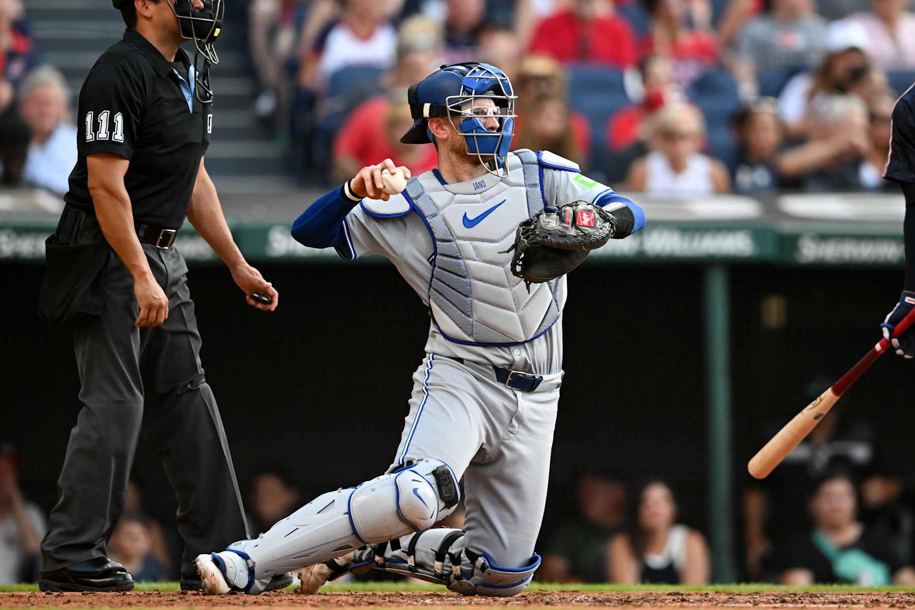 CLEVELAND, OHIO - JUNE 21: Danny Jansen #9 of the Toronto Blue Jays throws to the pitcher during the second inning against the Cleveland Guardians at Progressive Field on June 21, 2024 in Cleveland, Ohio. (Photo by Nick Cammett/Diamond Images via Getty Images)