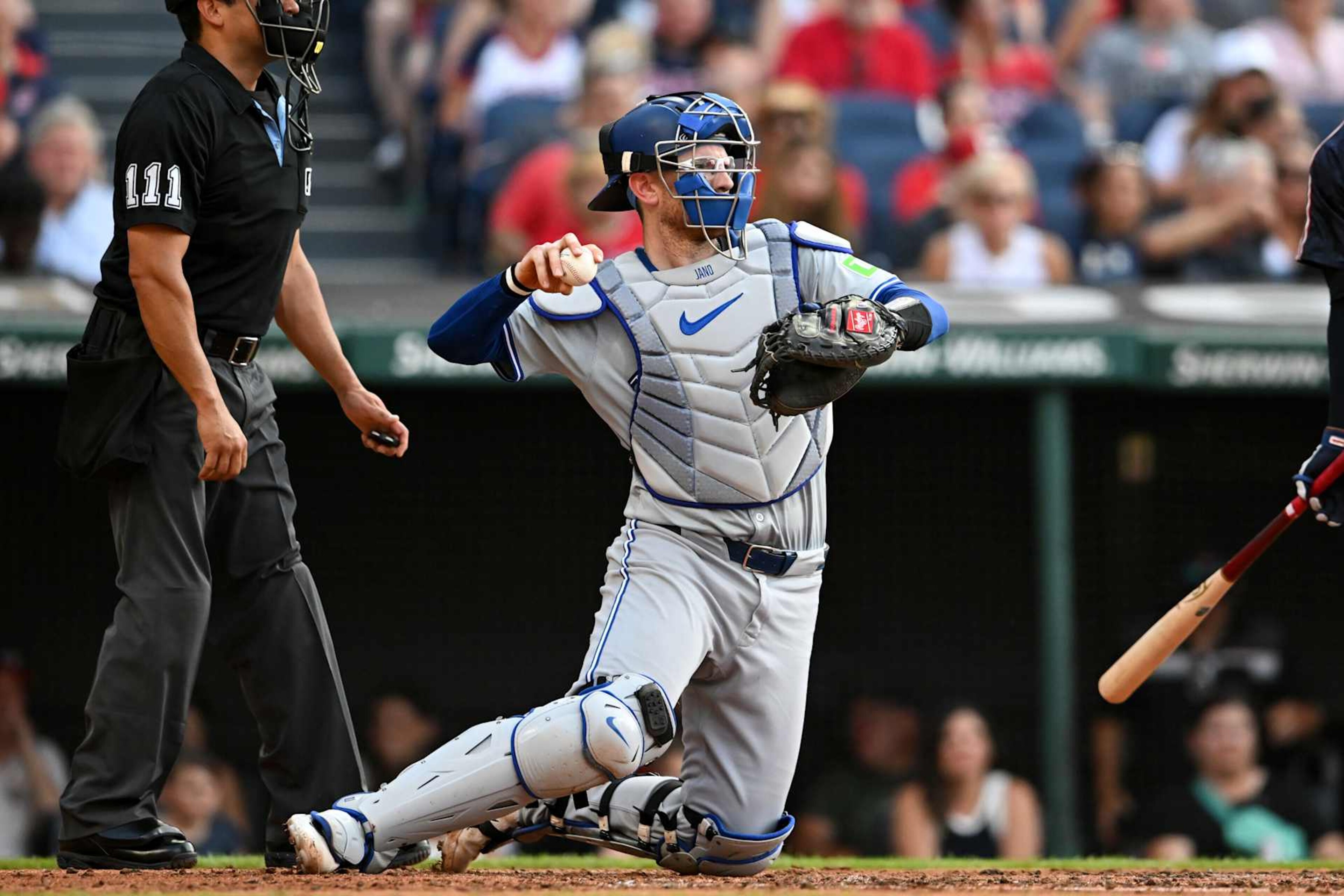 CLEVELAND, OHIO - JUNE 21: Danny Jansen #9 of the Toronto Blue Jays throws to the pitcher during the second inning against the Cleveland Guardians at Progressive Field on June 21, 2024 in Cleveland, Ohio. (Photo by Nick Cammett/Diamond Images via Getty Images)