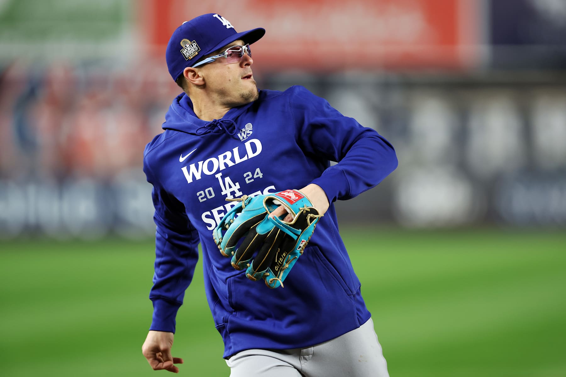 NEW YORK, NEW YORK - OCTOBER 27: Enrique Hernandez #8 of the Los Angeles Dodgers fields a ball at World Series Workout Day ahead of Game 3 against the New York Yankees at Yankee Stadium on October 27, 2024 in the Bronx borough of New York City. (Photo by Sarah Stier/Getty Images)