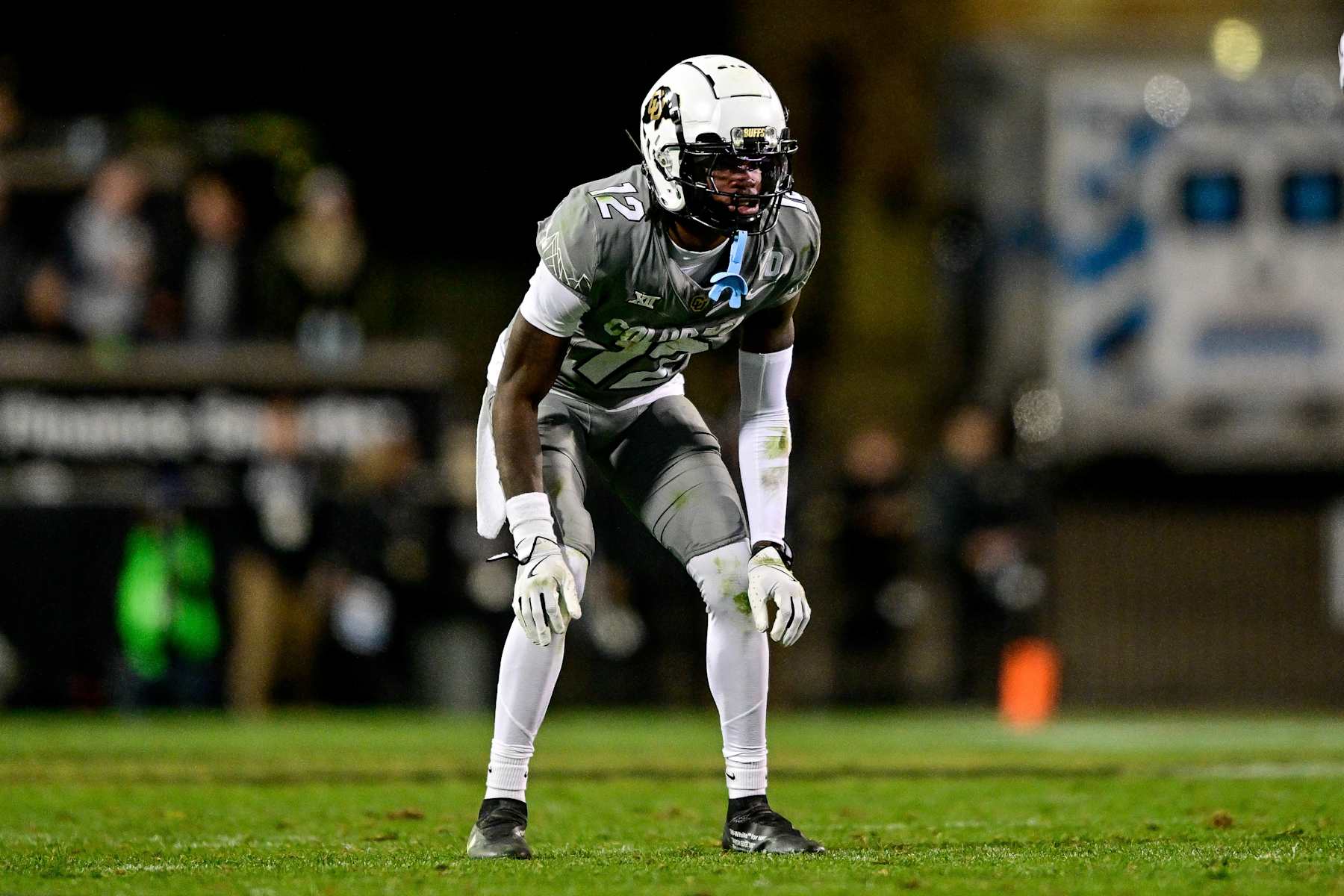 BOULDER, CO - OCTOBER 26: Travis Hunter #12 of the Colorado Buffaloes lines up on defense in the second half of a game against the Cincinnati Bearcats at Folsom Field on October 26, 2024 in Boulder, Colorado. (Photo by Dustin Bradford/Getty Images)